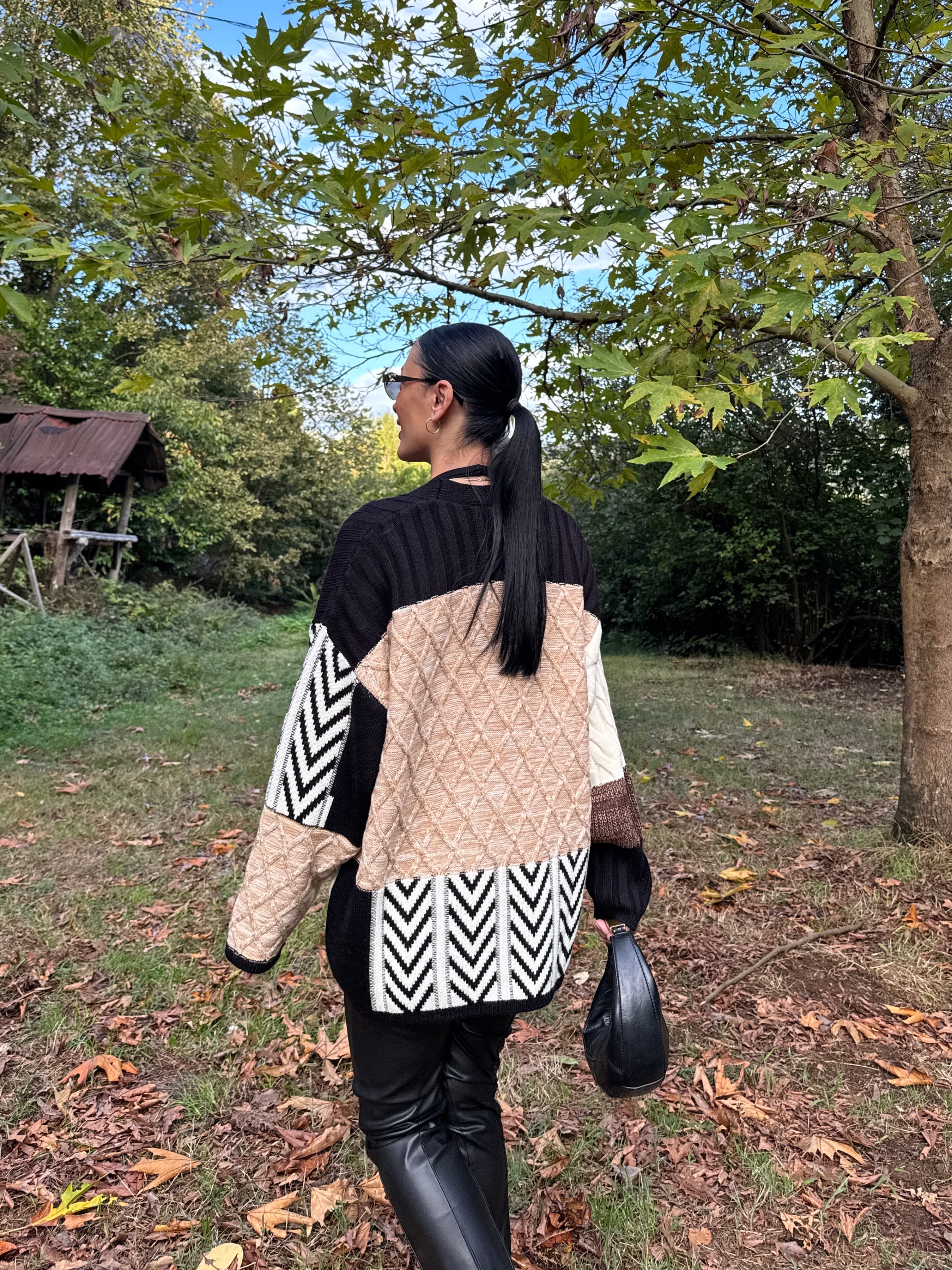 Etnik Desen Oversize Hırka - Kahve