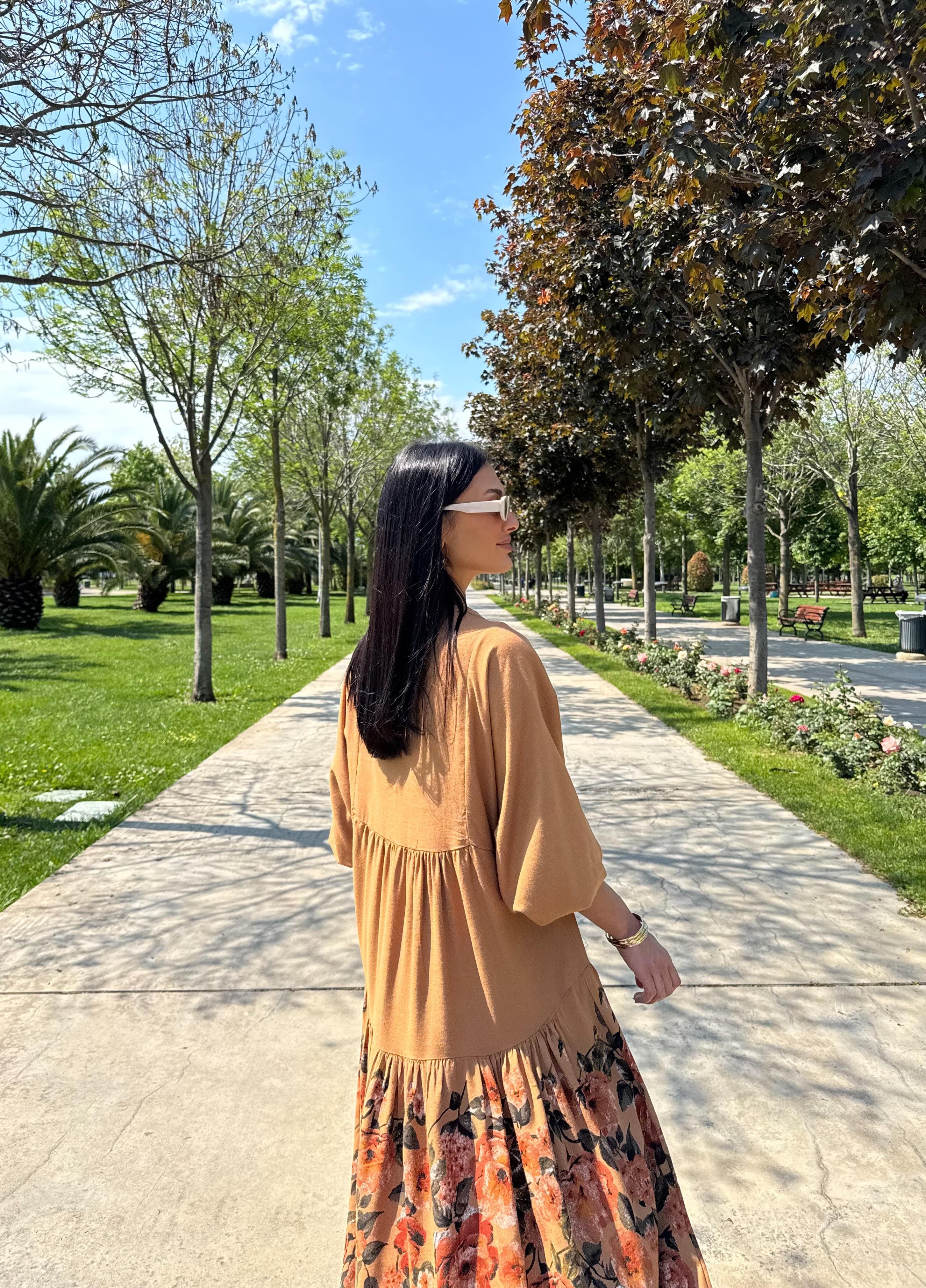 Çiçek Desen Balon Kol Elbise