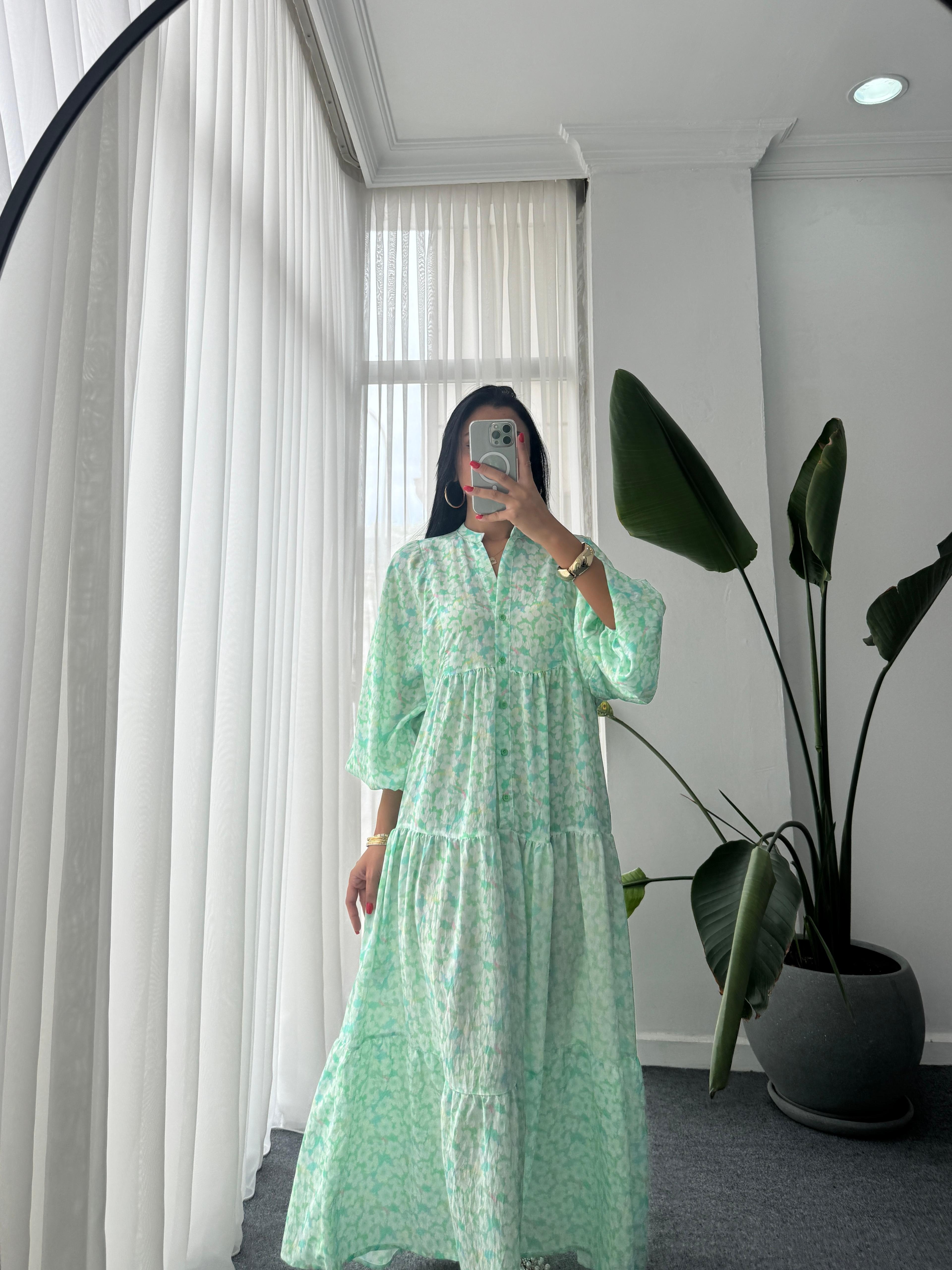 Desenli Katleya Model Elbise - Yeşil