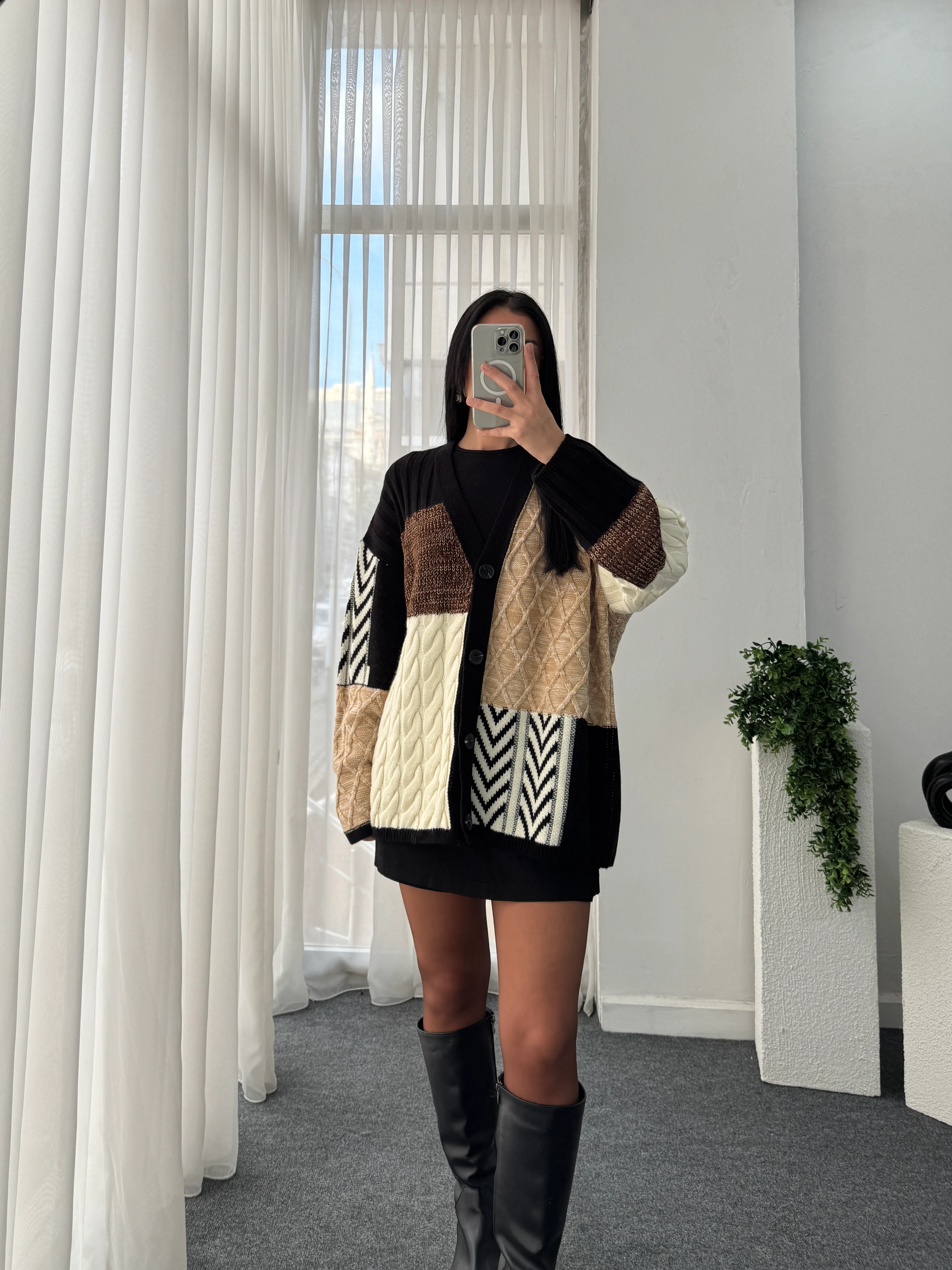 Etnik Desen Oversize Hırka - Kahve