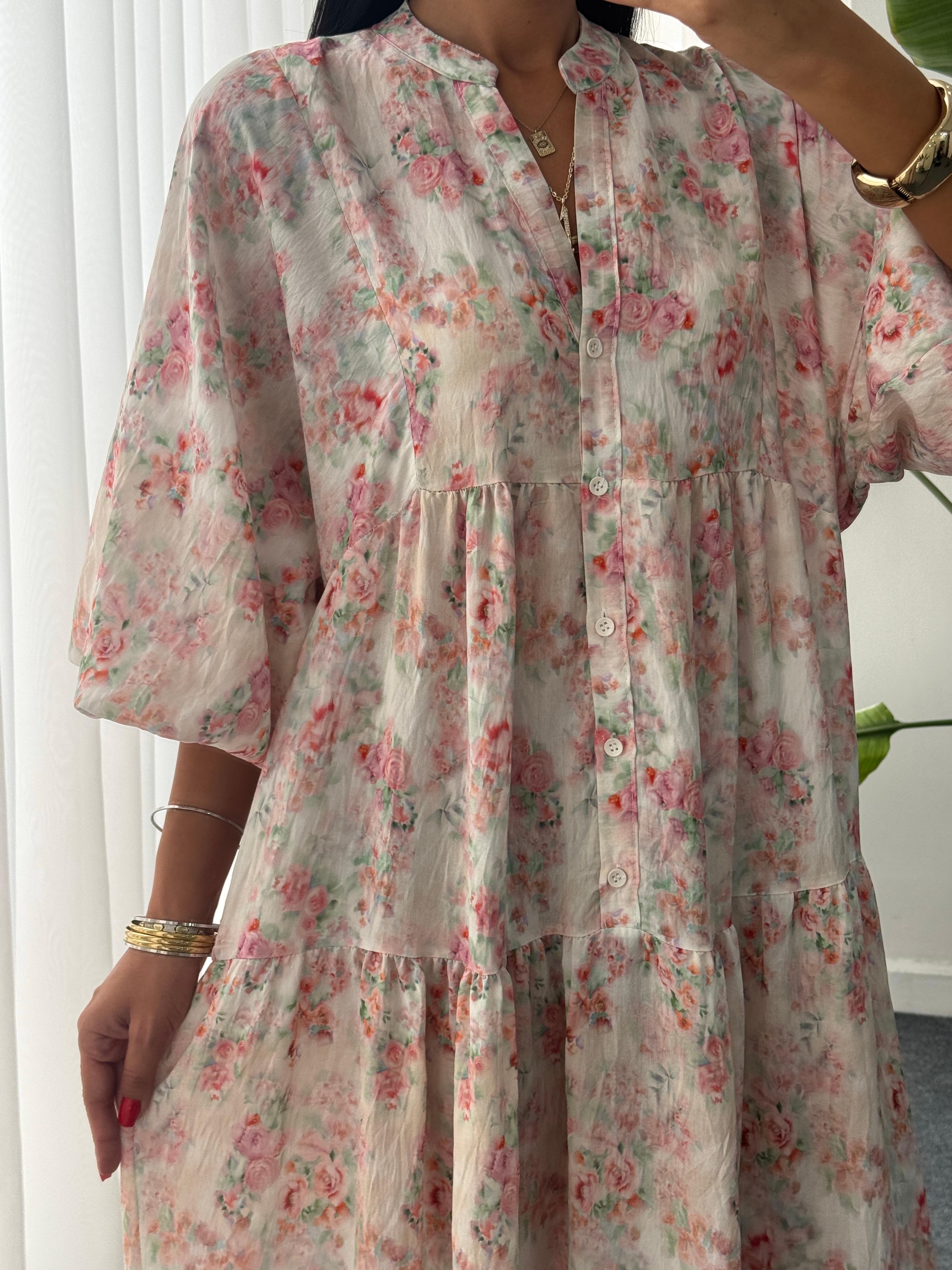 Gül Desen Katleya Model Elbise - Pembe 