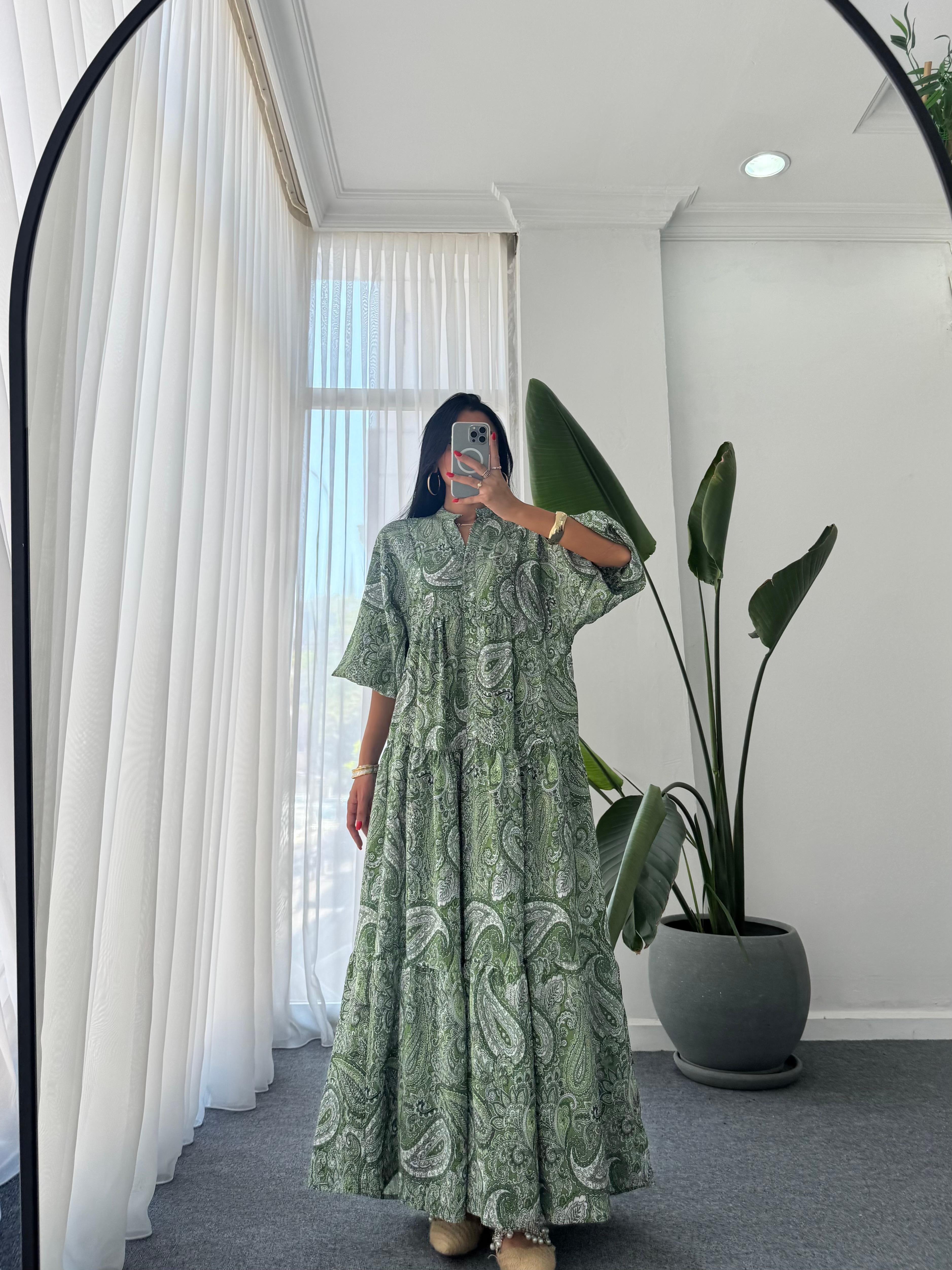 Katleya Model Etnik Desen Elbise - Yeşil