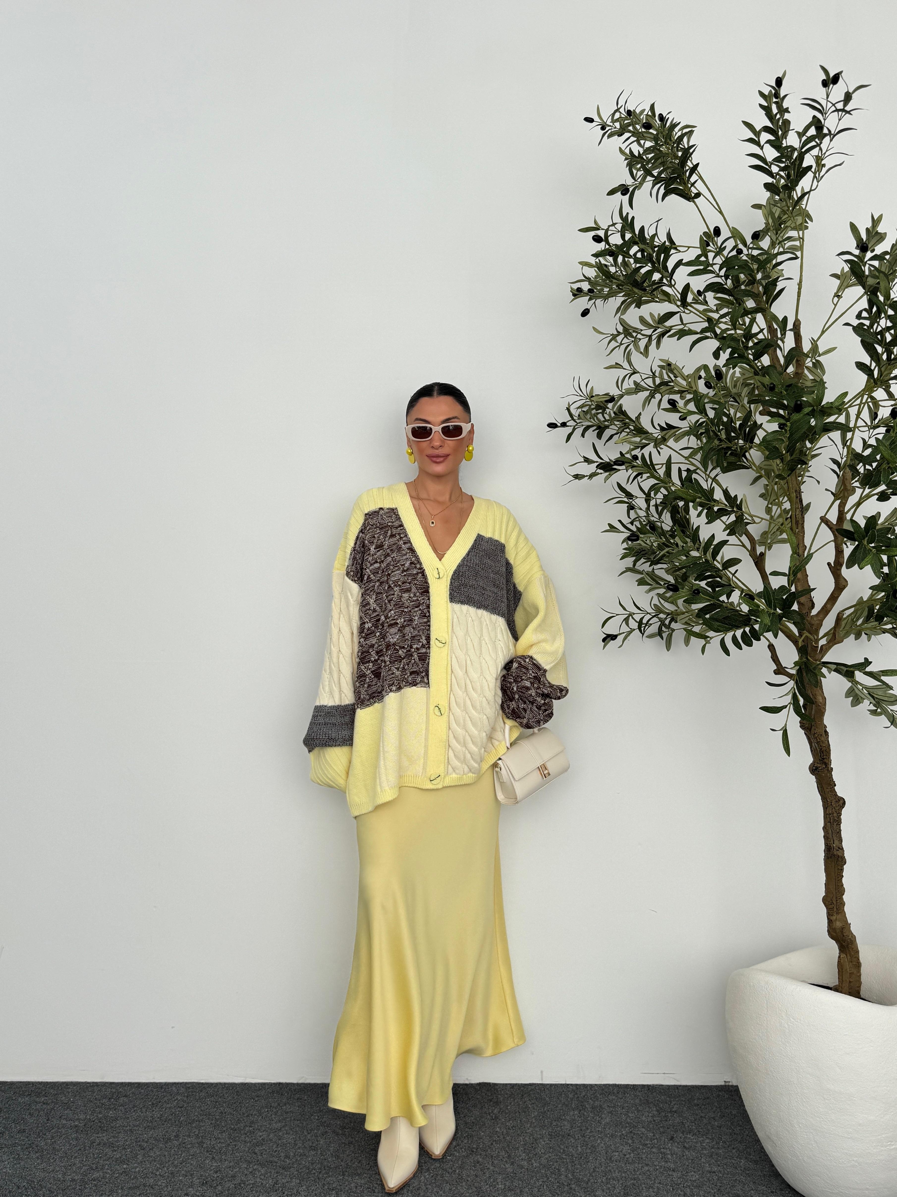 Etnik Desen Oversize Hırka  - Sarı