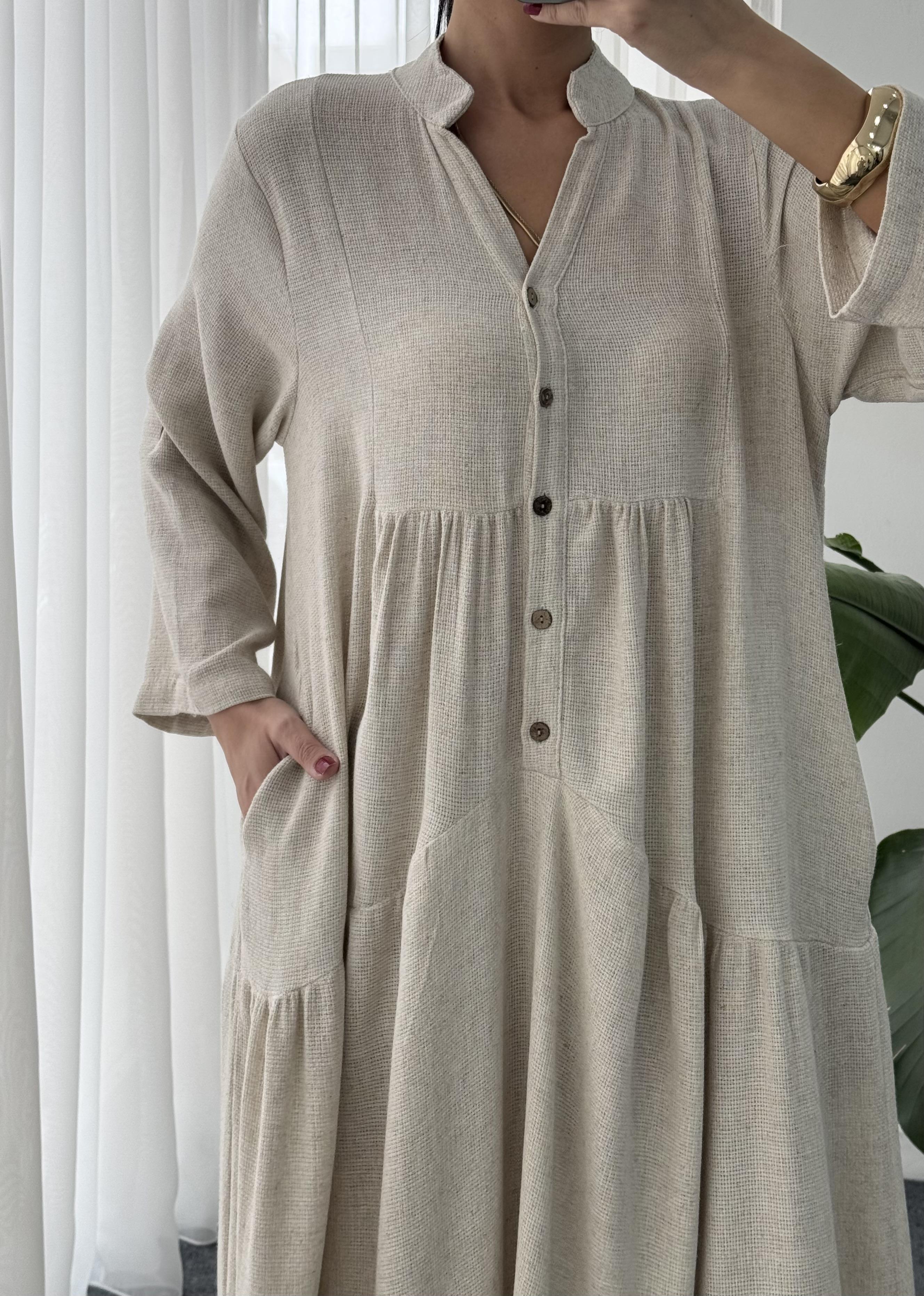 Hakim Yaka Beyaz Çizgili Oversize Elbise