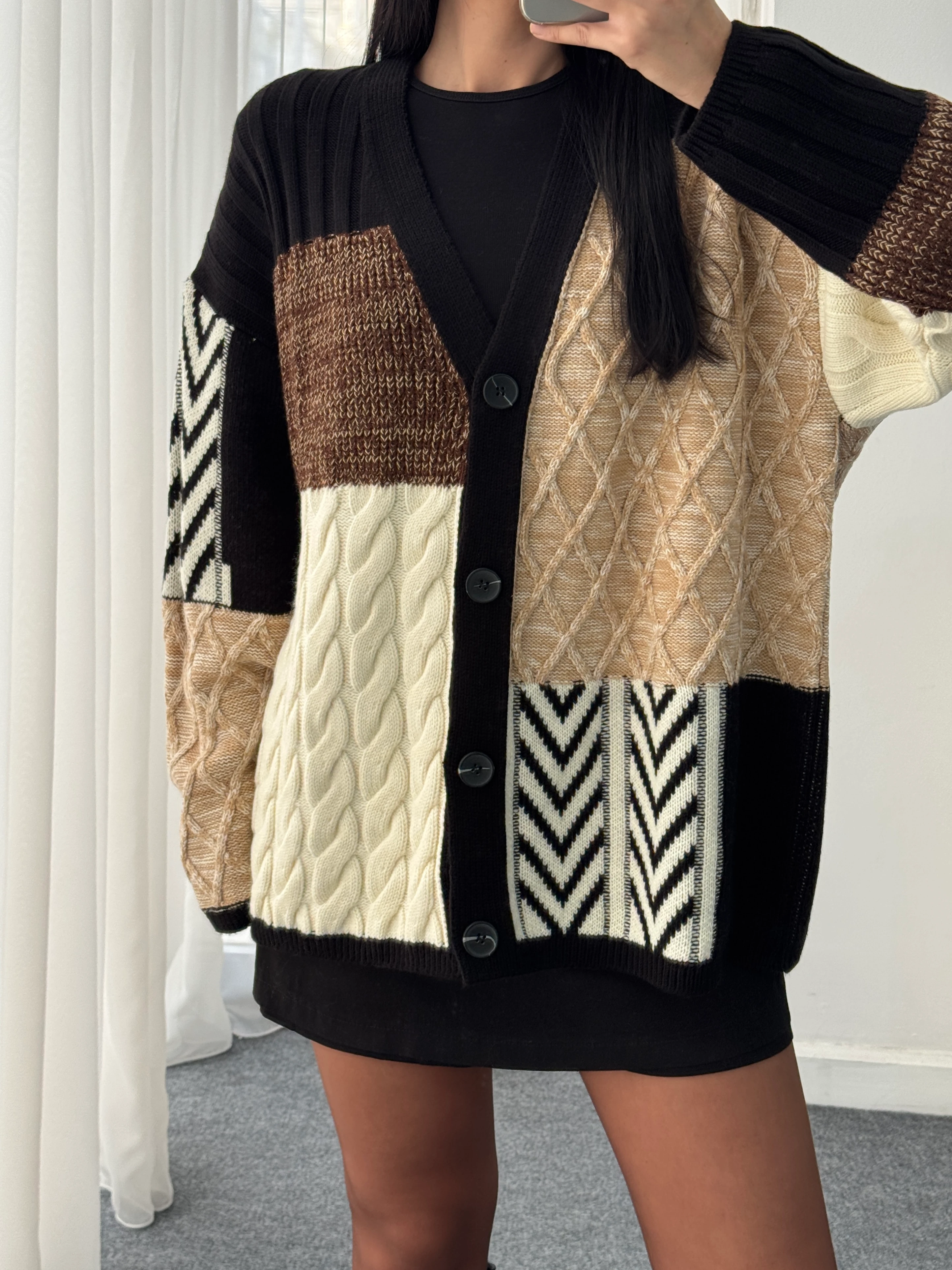 Etnik Desen Oversize Hırka - Kahve