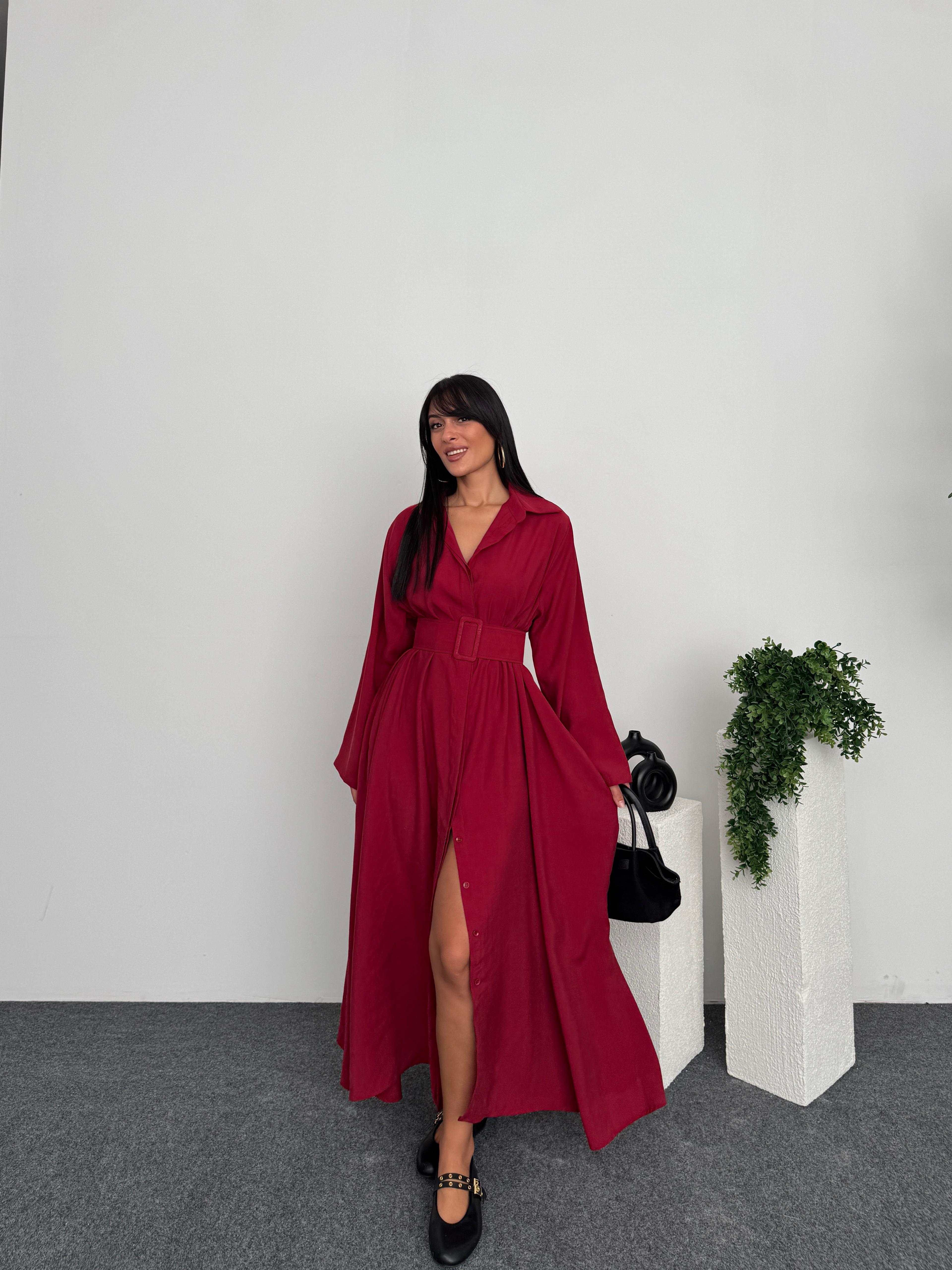 Hakim Yaka Oversize Kemerli Elbise