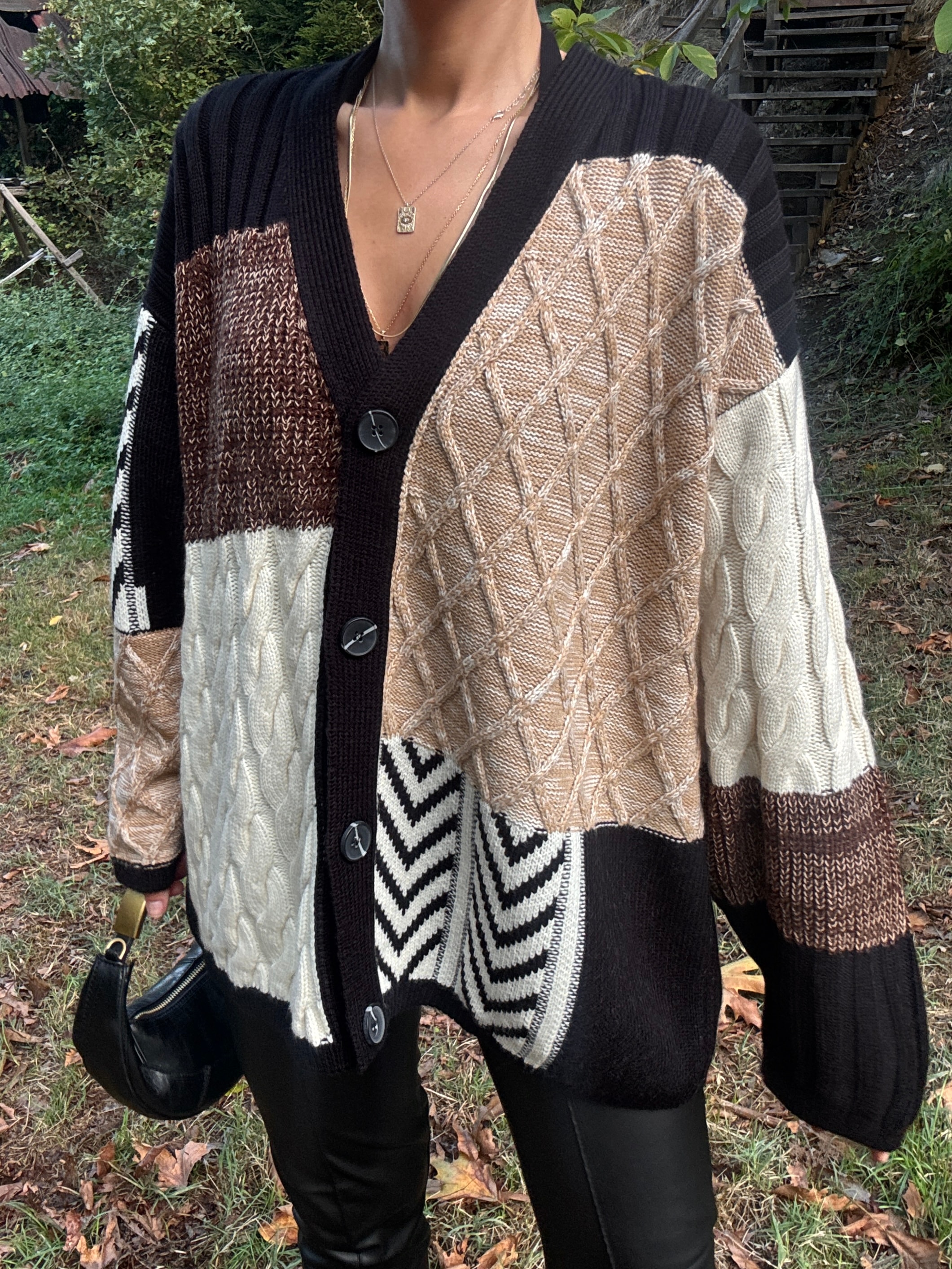 Etnik Desen Oversize Hırka - Kahve