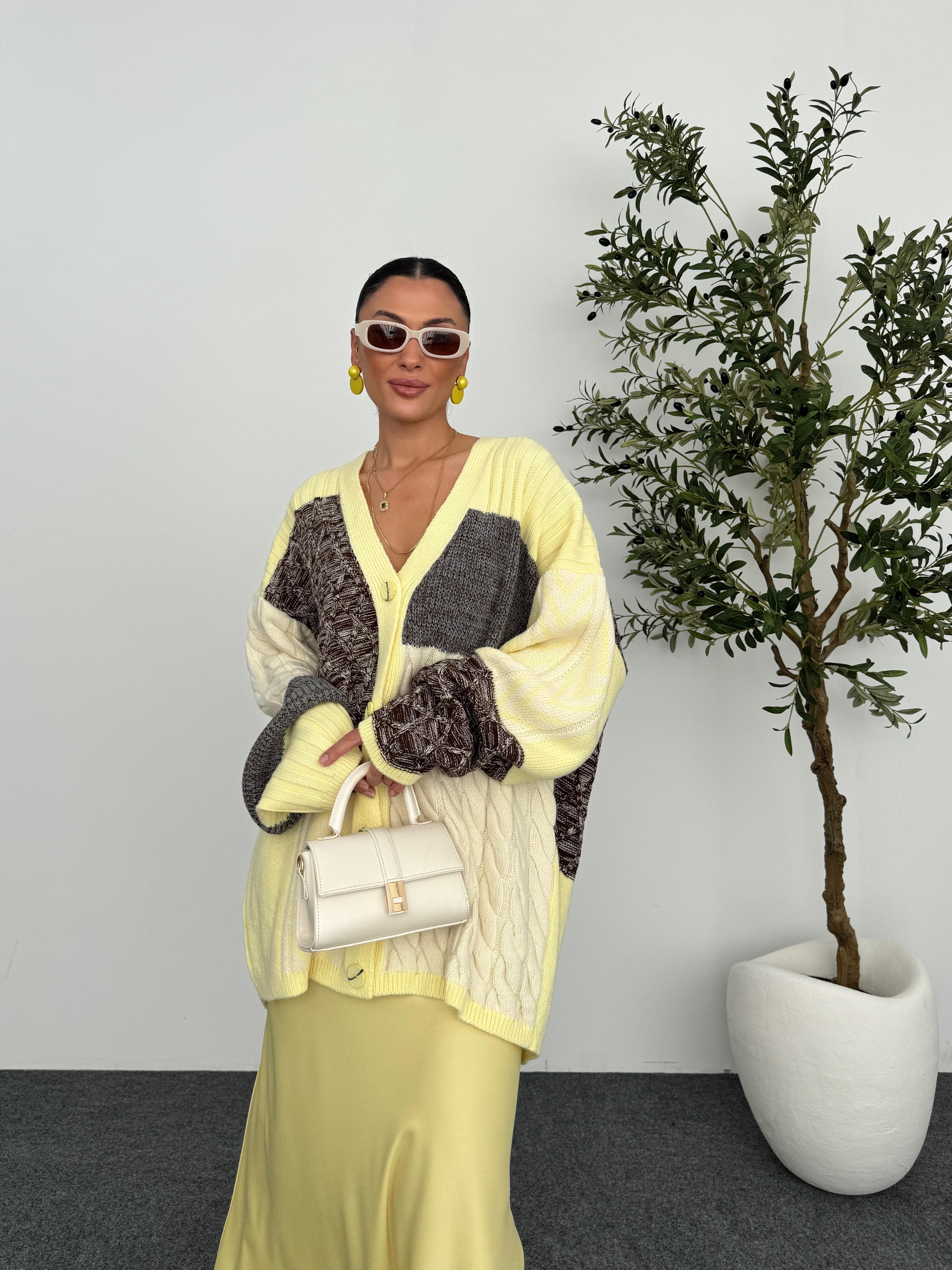 Etnik Desen Oversize Hırka  - Sarı