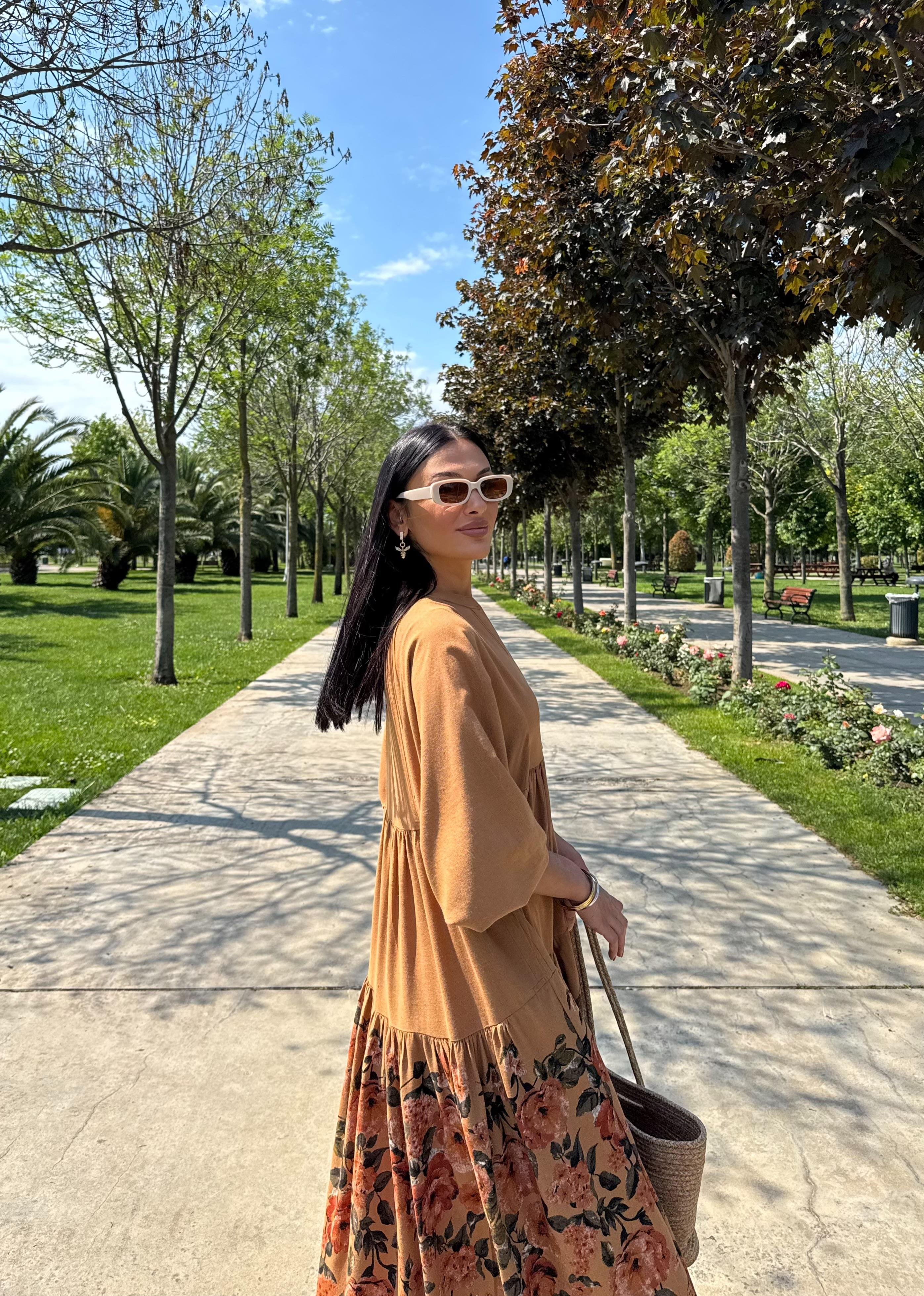 Çiçek Desen Balon Kol Elbise