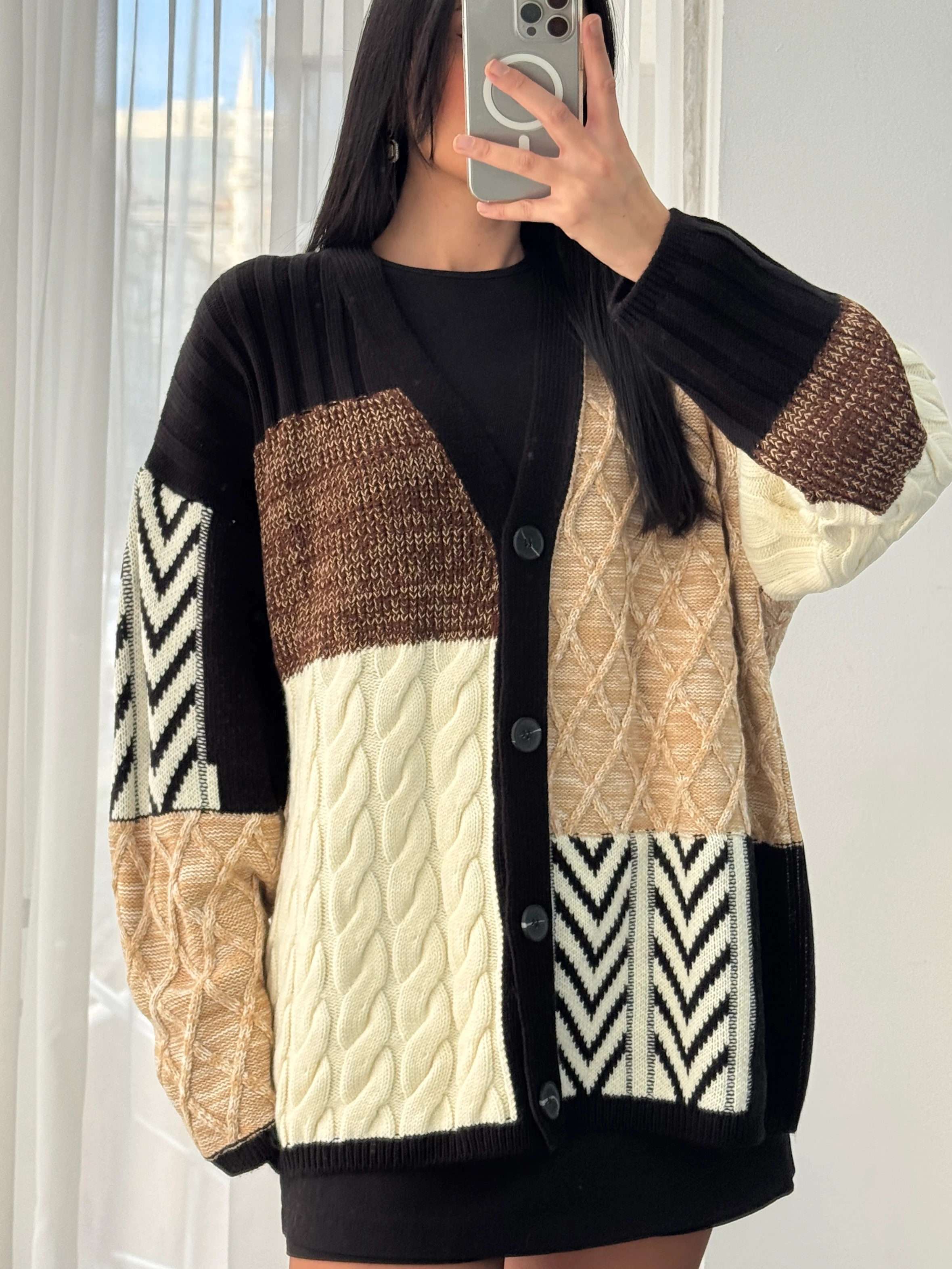 Etnik Desen Oversize Hırka - Kahve