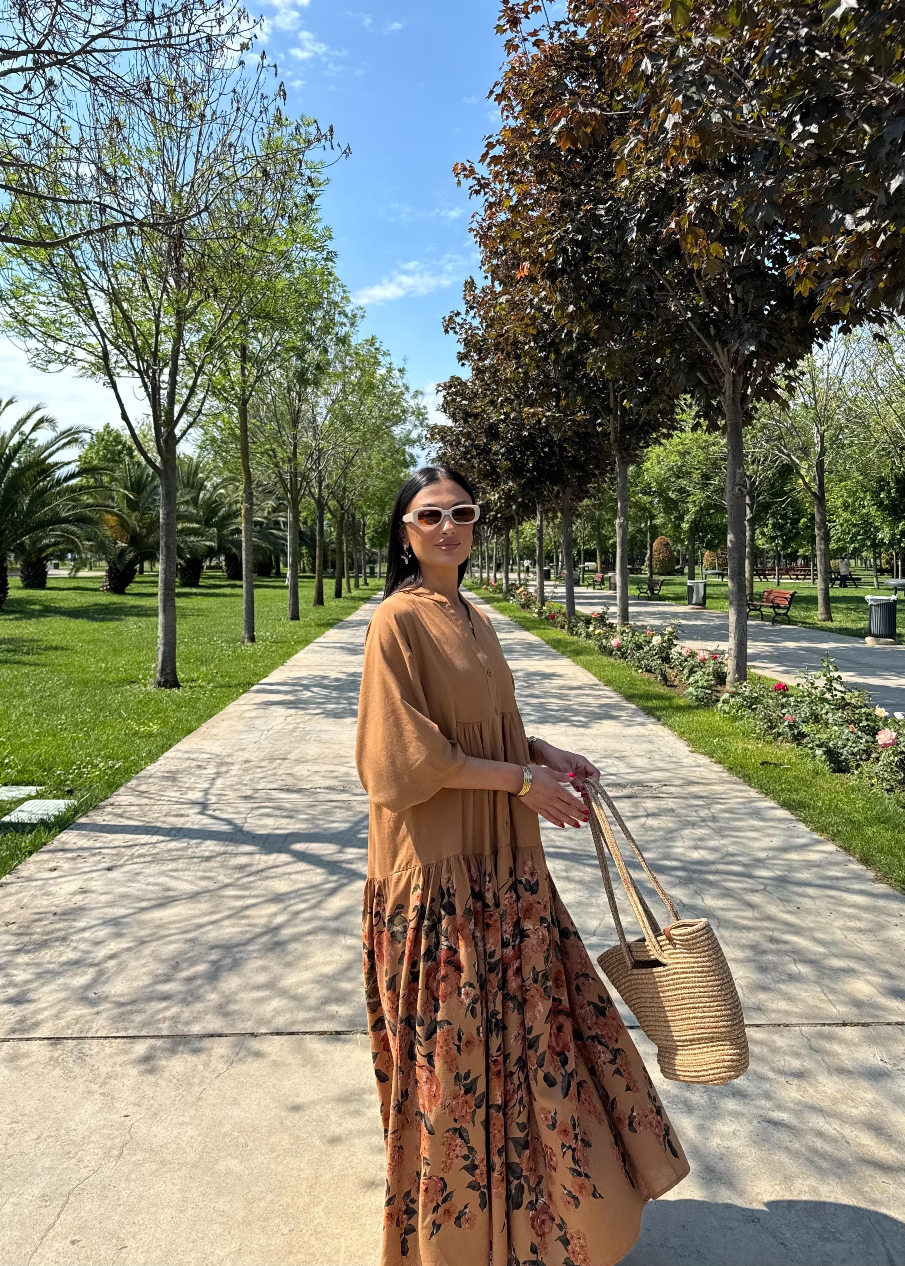 Çiçek Desen Balon Kol Elbise