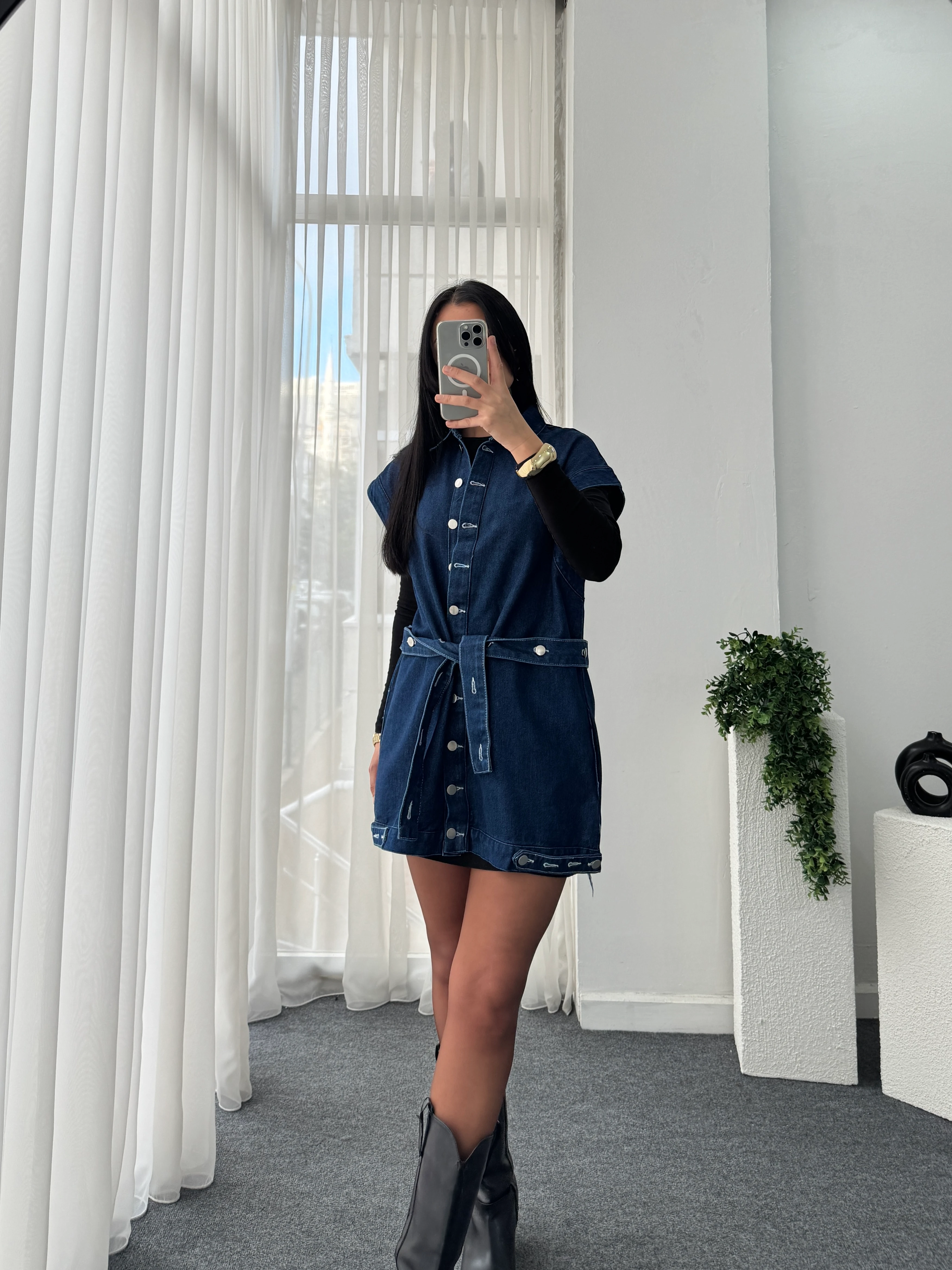 Düğme Detay Kot Yelek 