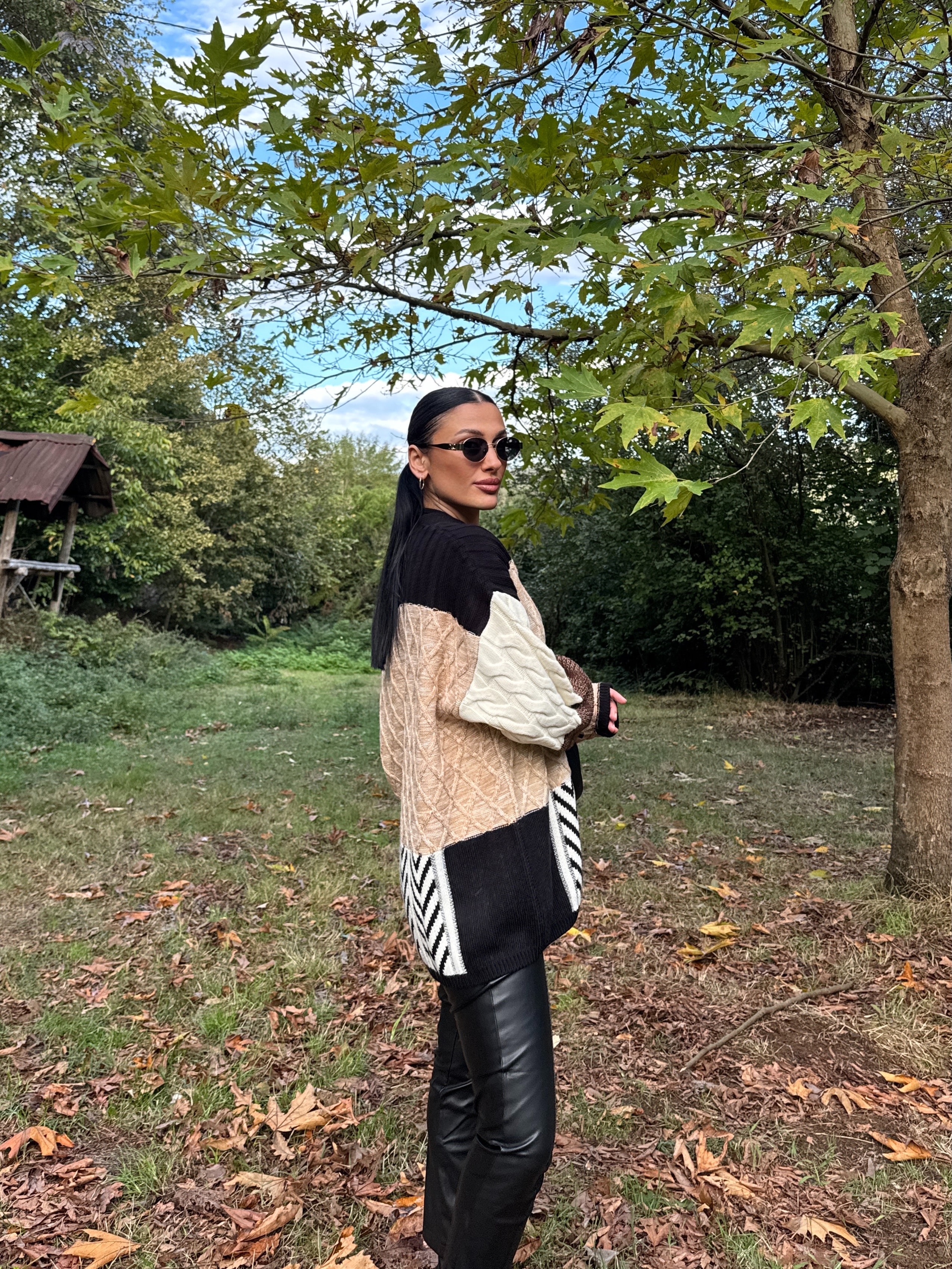 Etnik Desen Oversize Hırka - Kahve