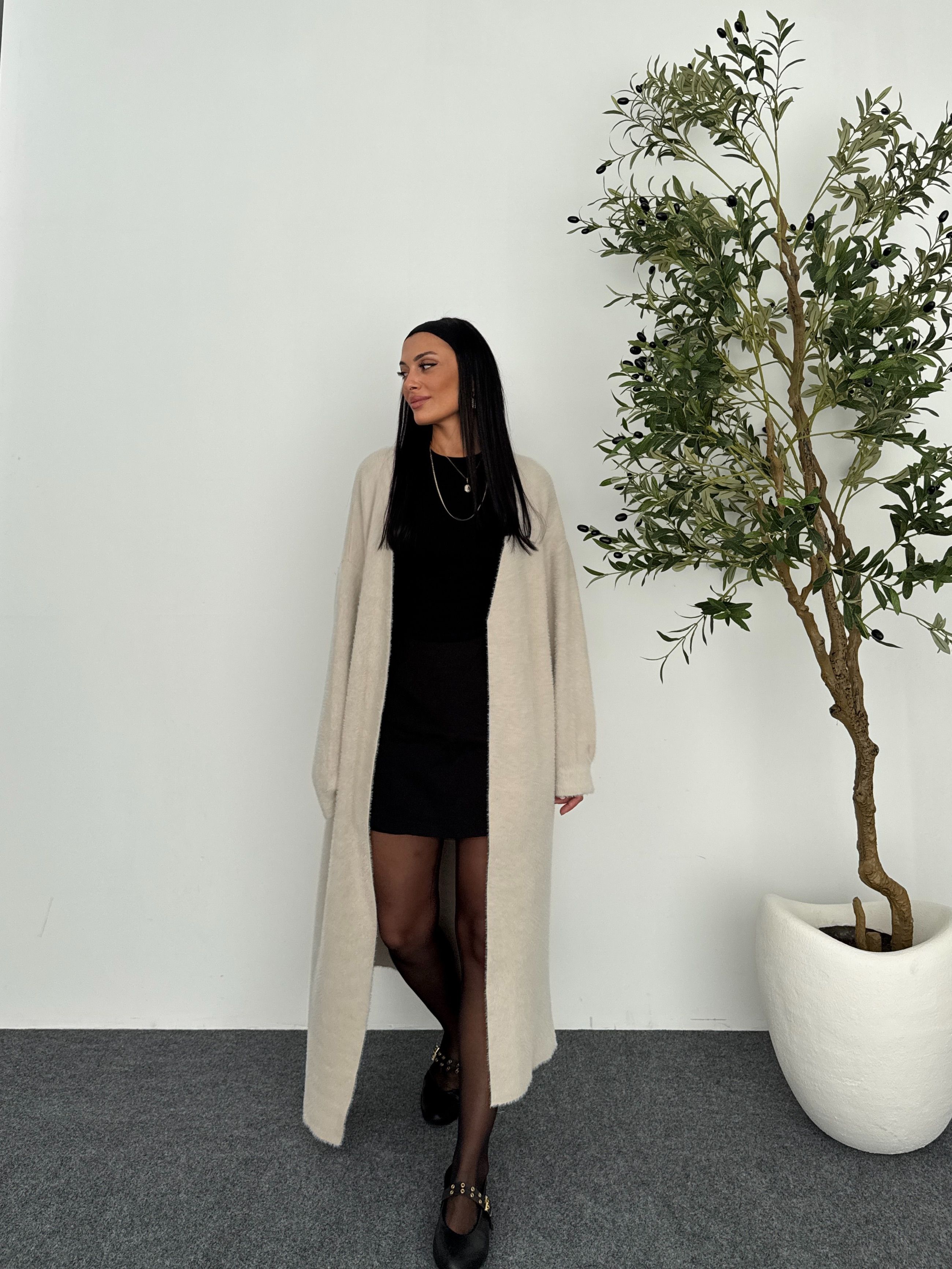 Oversize Maxi Boy Hırka - Ekru