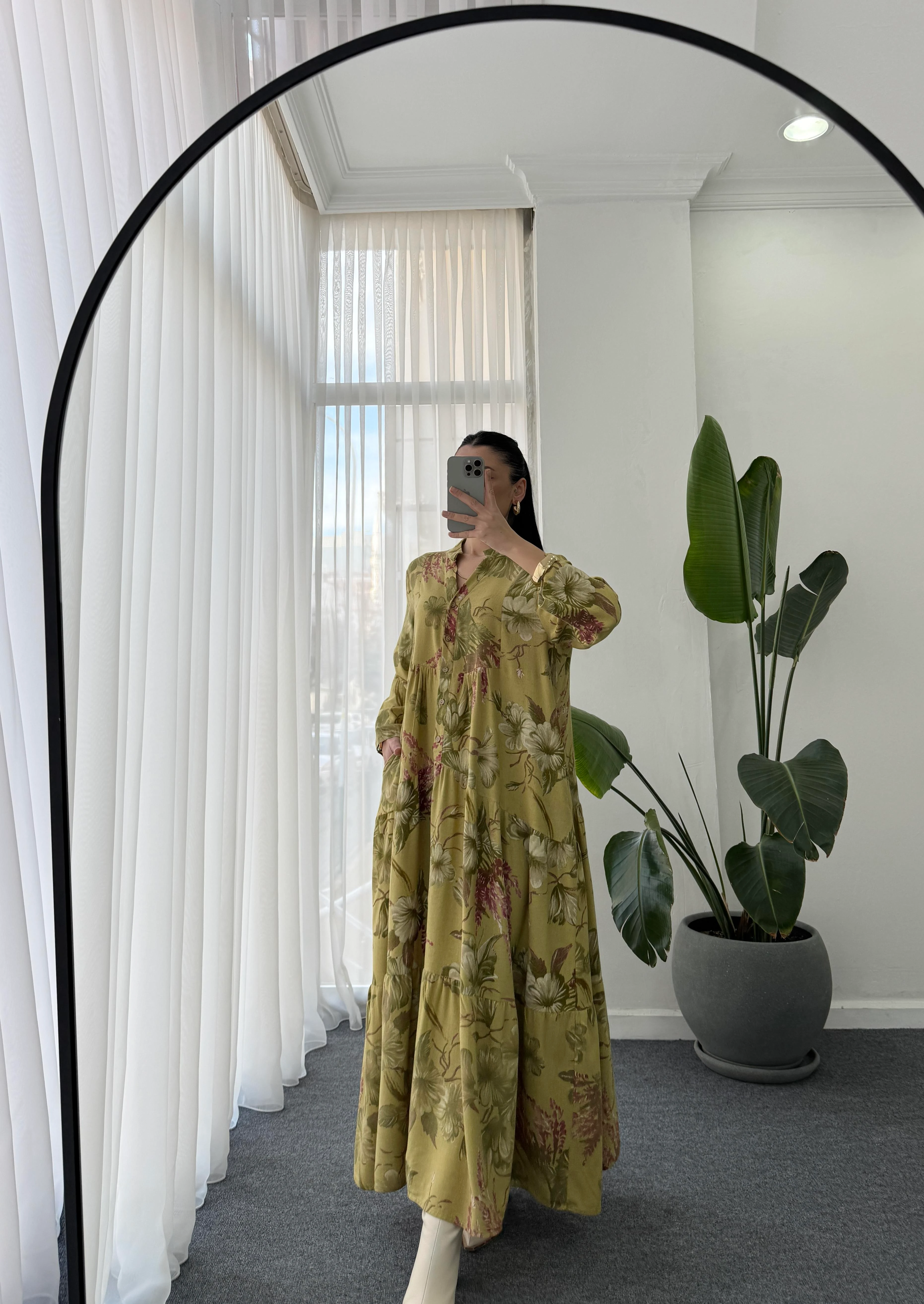 Çiçek Desen Hakim Yaka Elbise