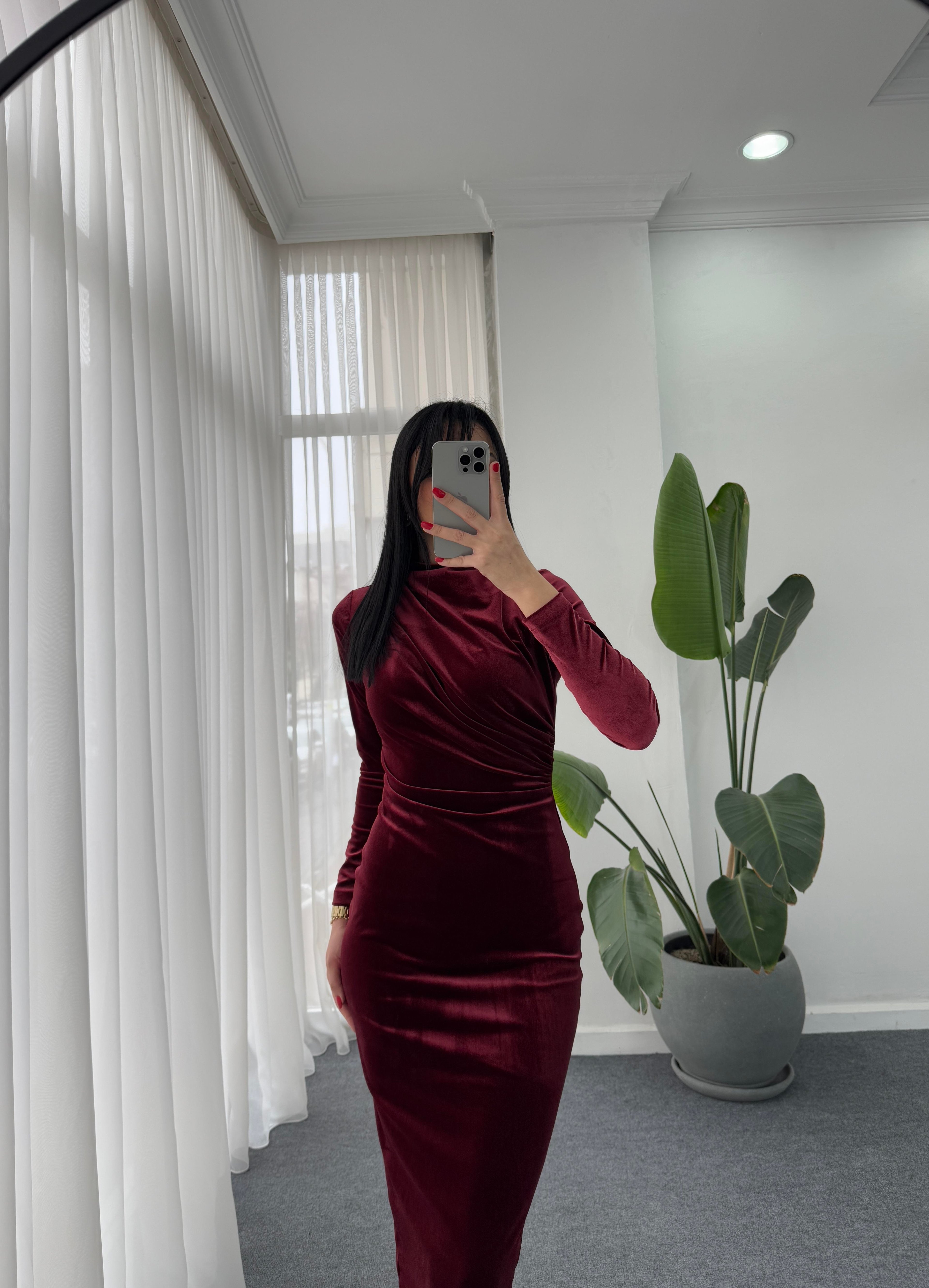 Drape Detay Kadife Elbise