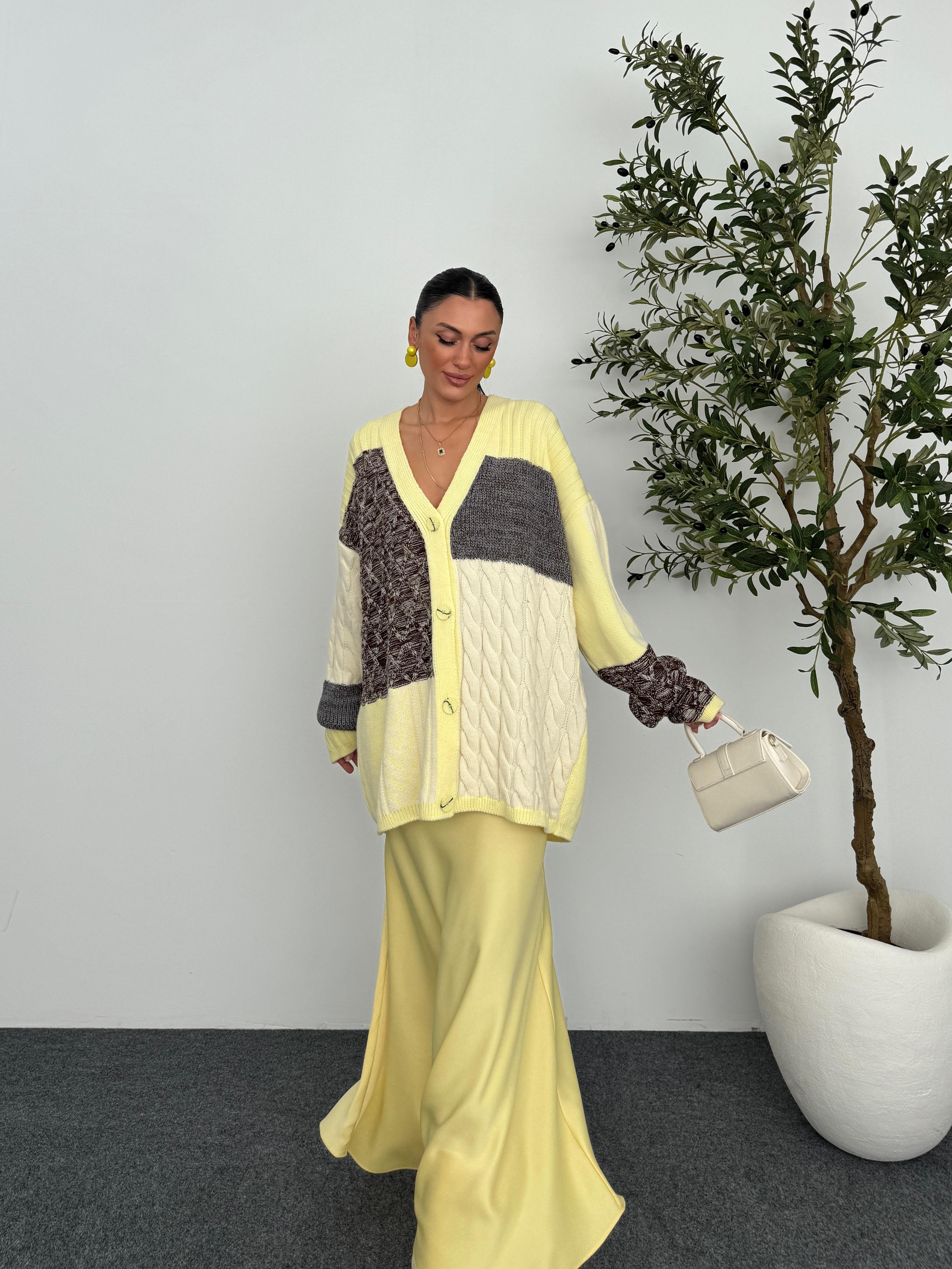 Etnik Desen Oversize Hırka  - Sarı