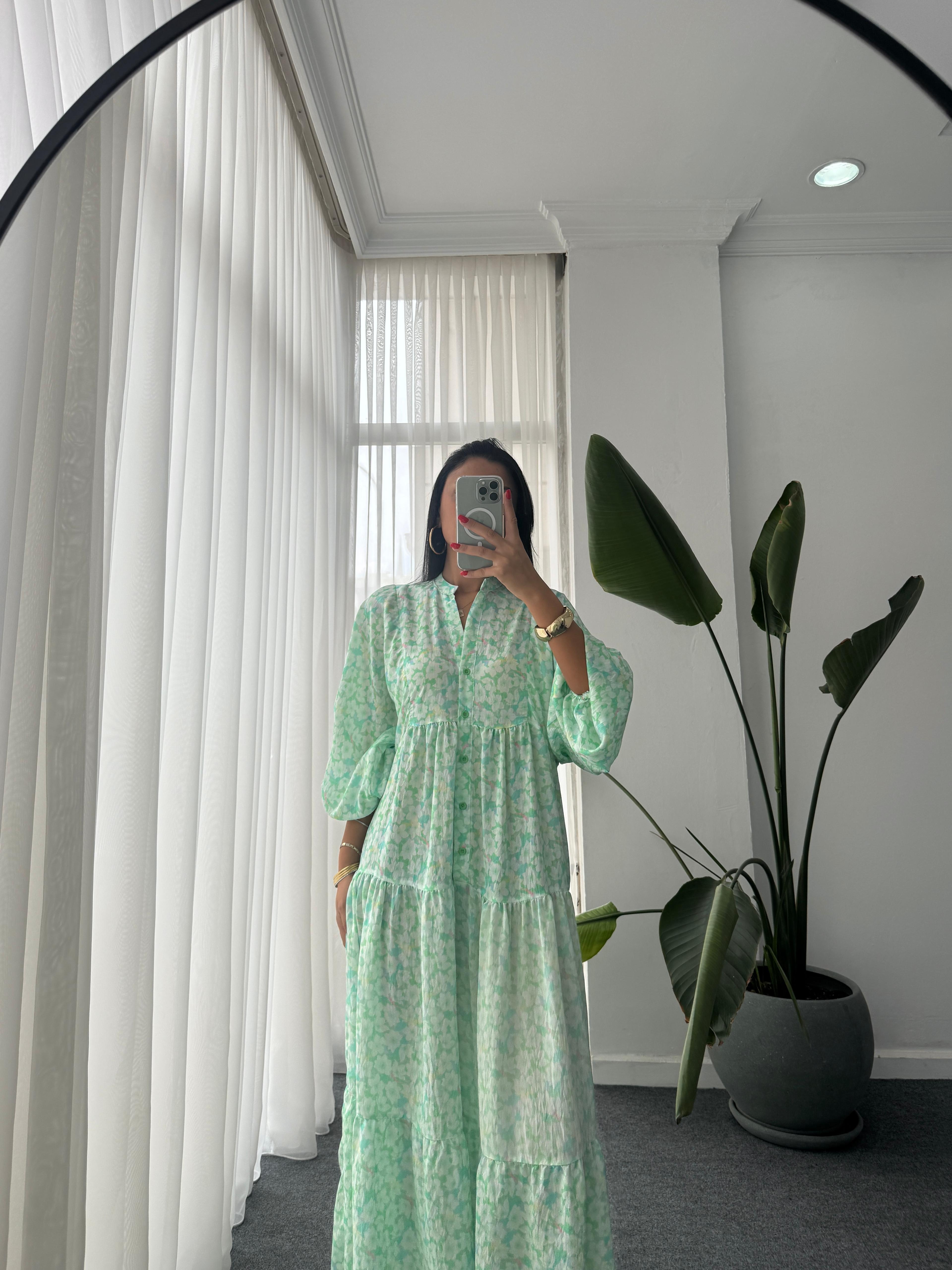Desenli Katleya Model Elbise - Yeşil