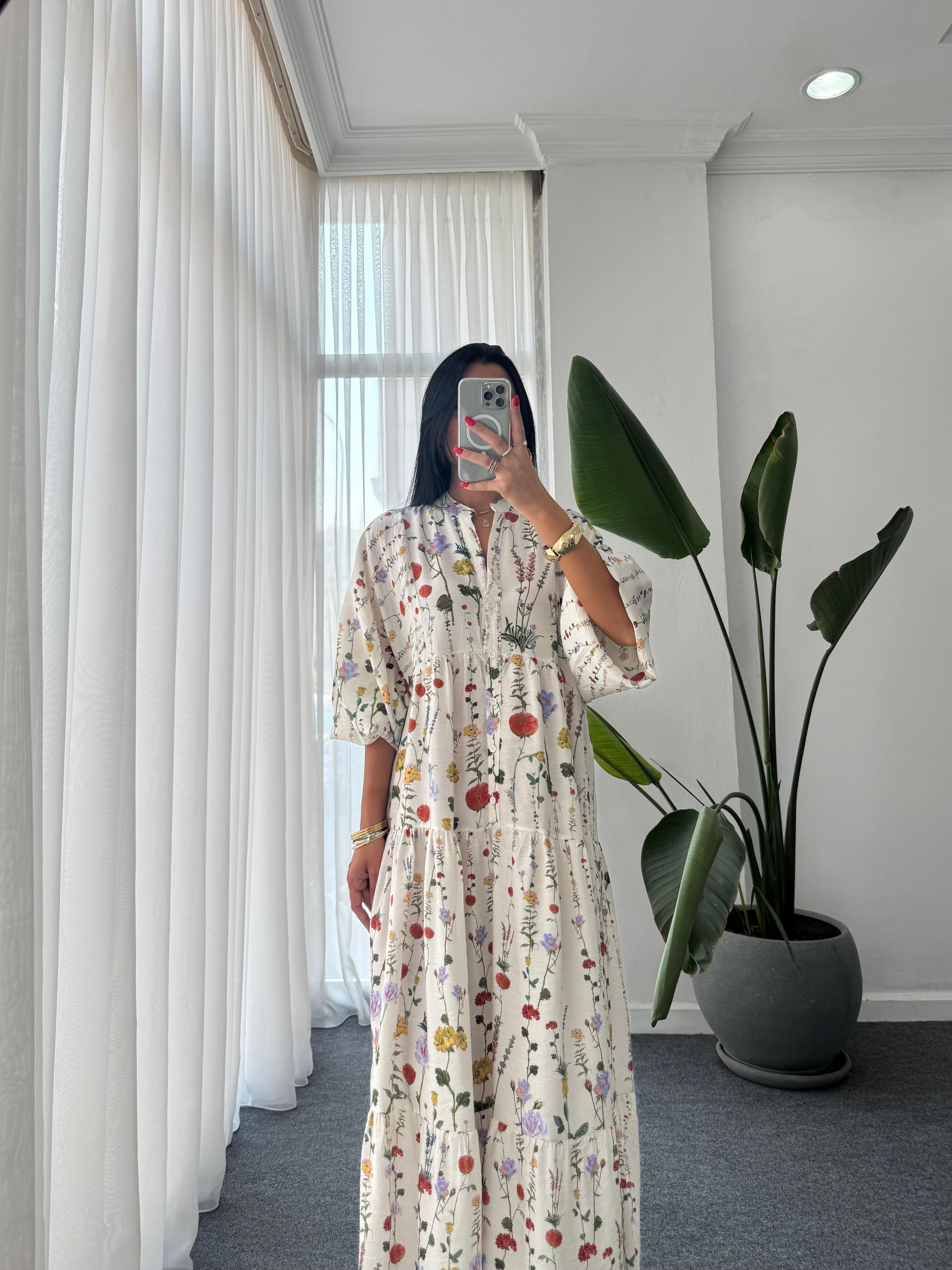 Katleya Model Çiçek Desen Elbise - Ekru