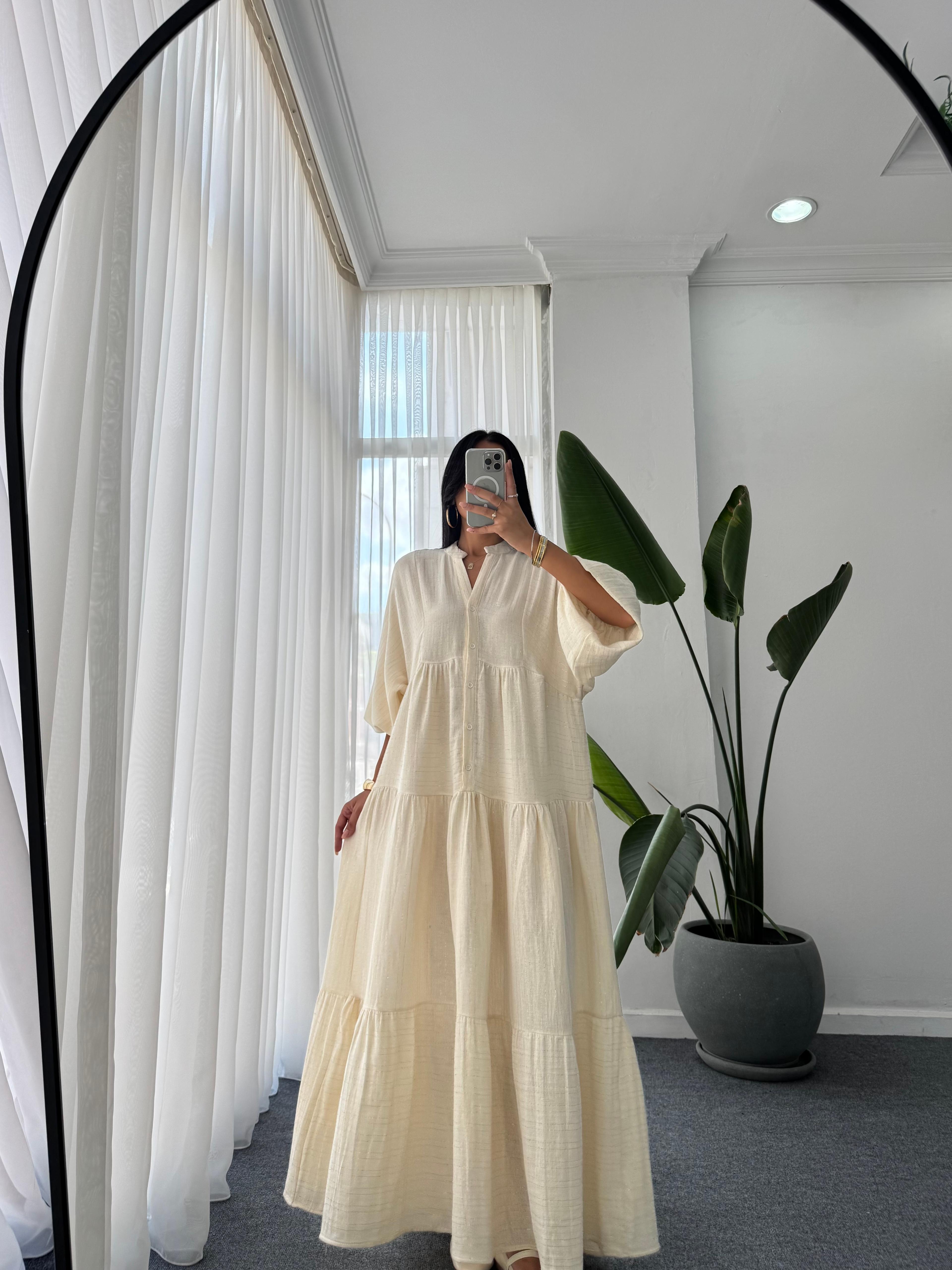 Gold Desen Katleya Model Elbise - Ekru
