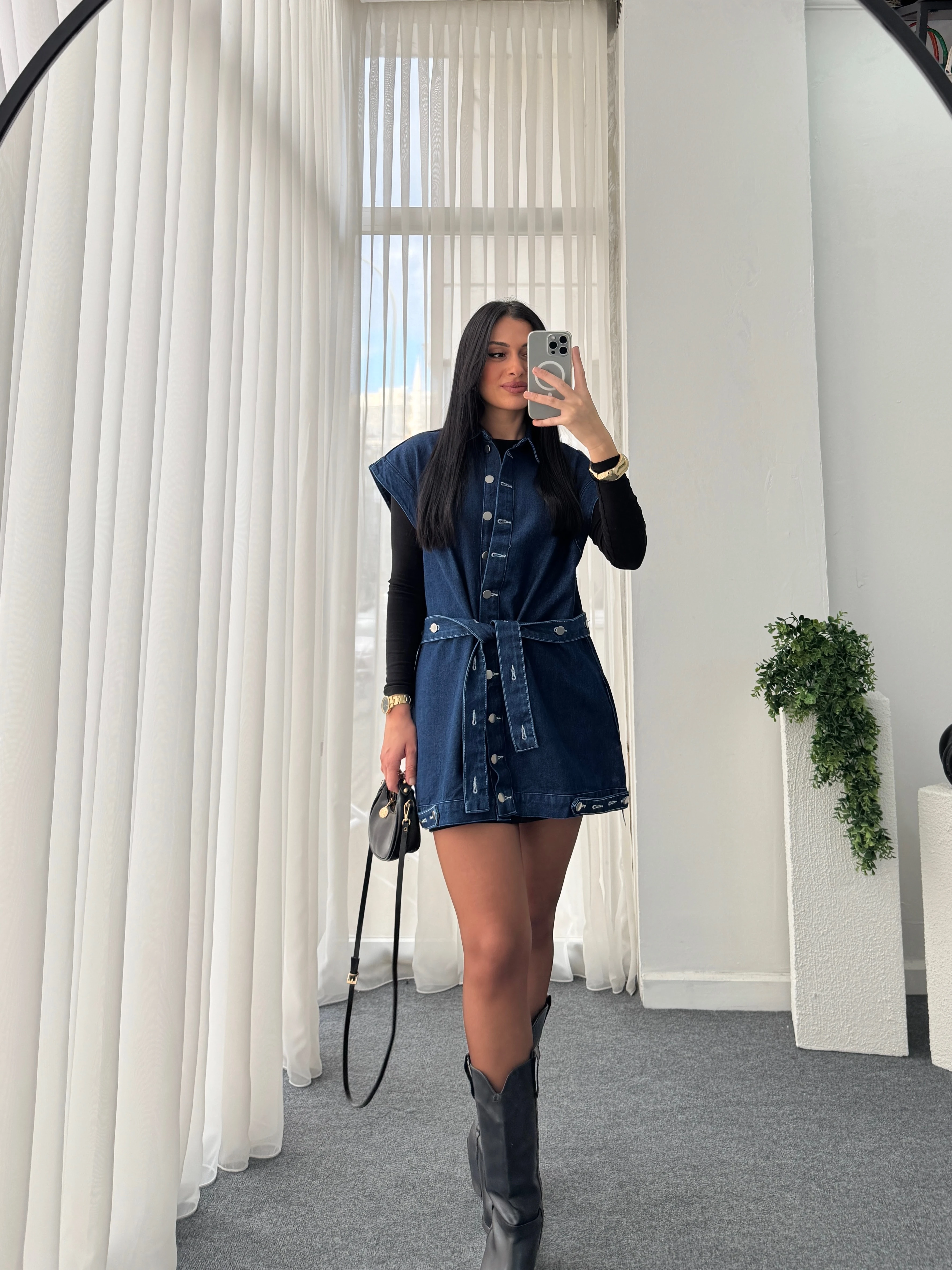 Düğme Detay Kot Yelek 