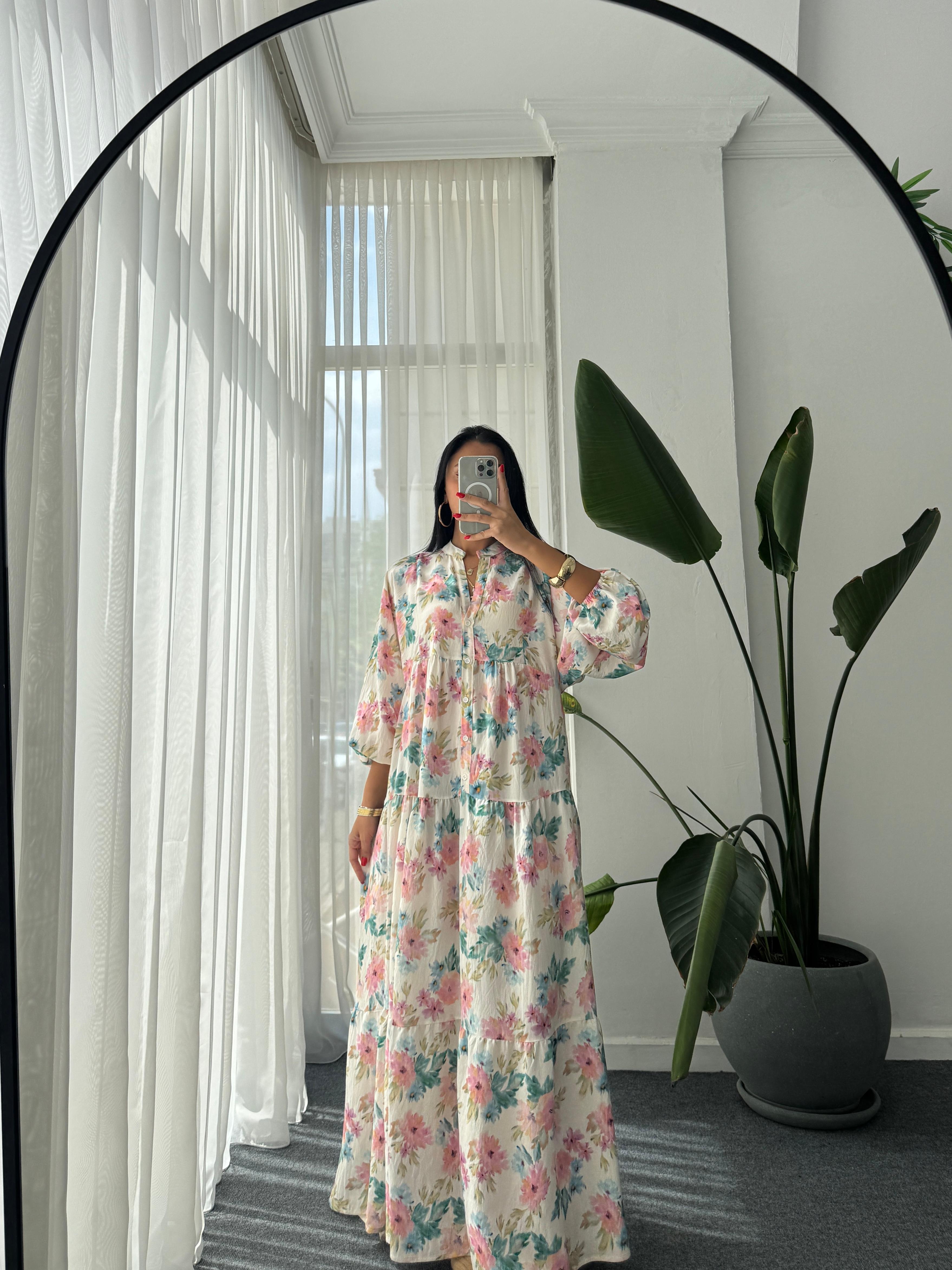 Çiçek Desen Katleya Model Elbise - Ekru 