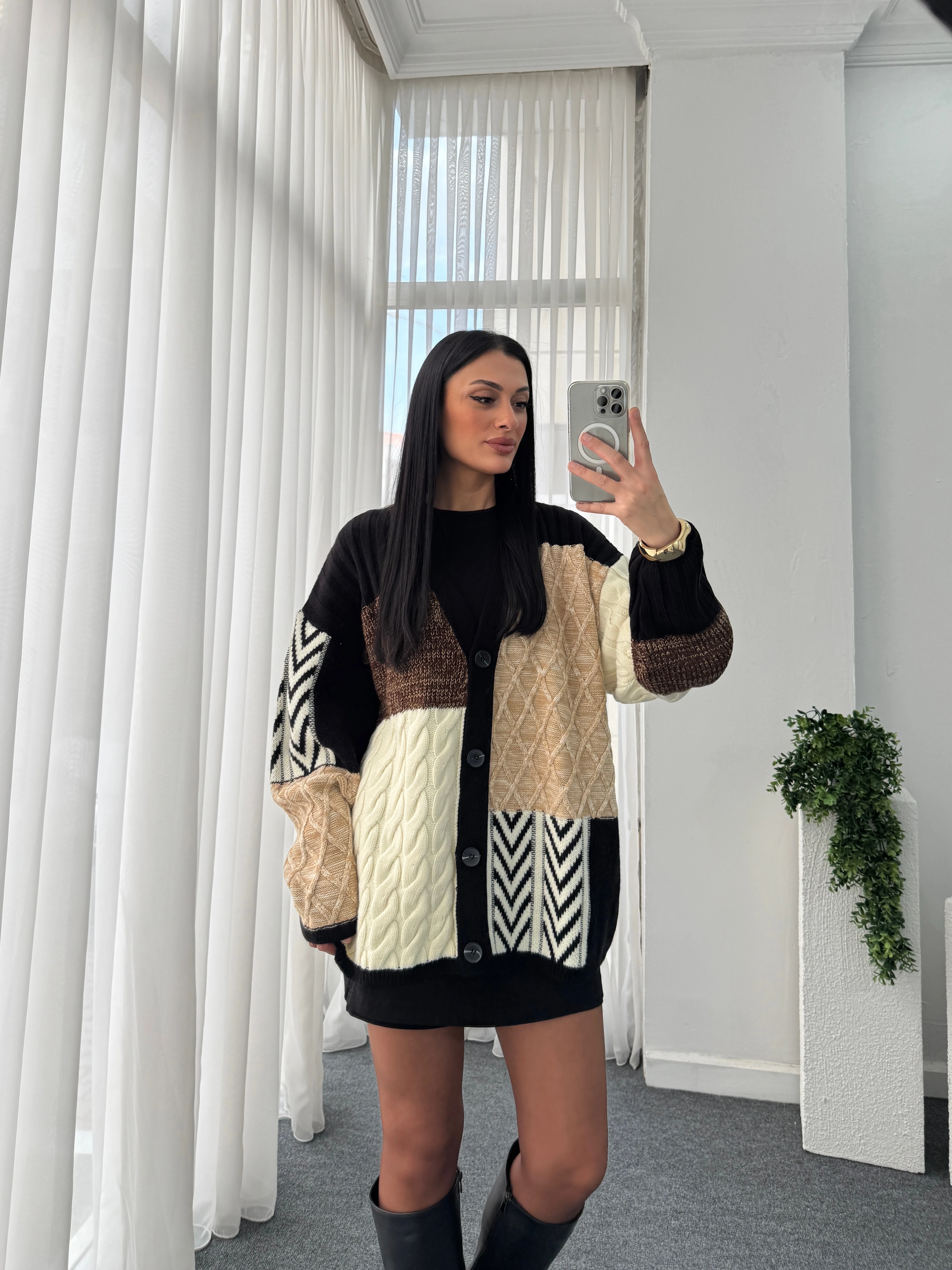 Etnik Desen Oversize Hırka - Kahve