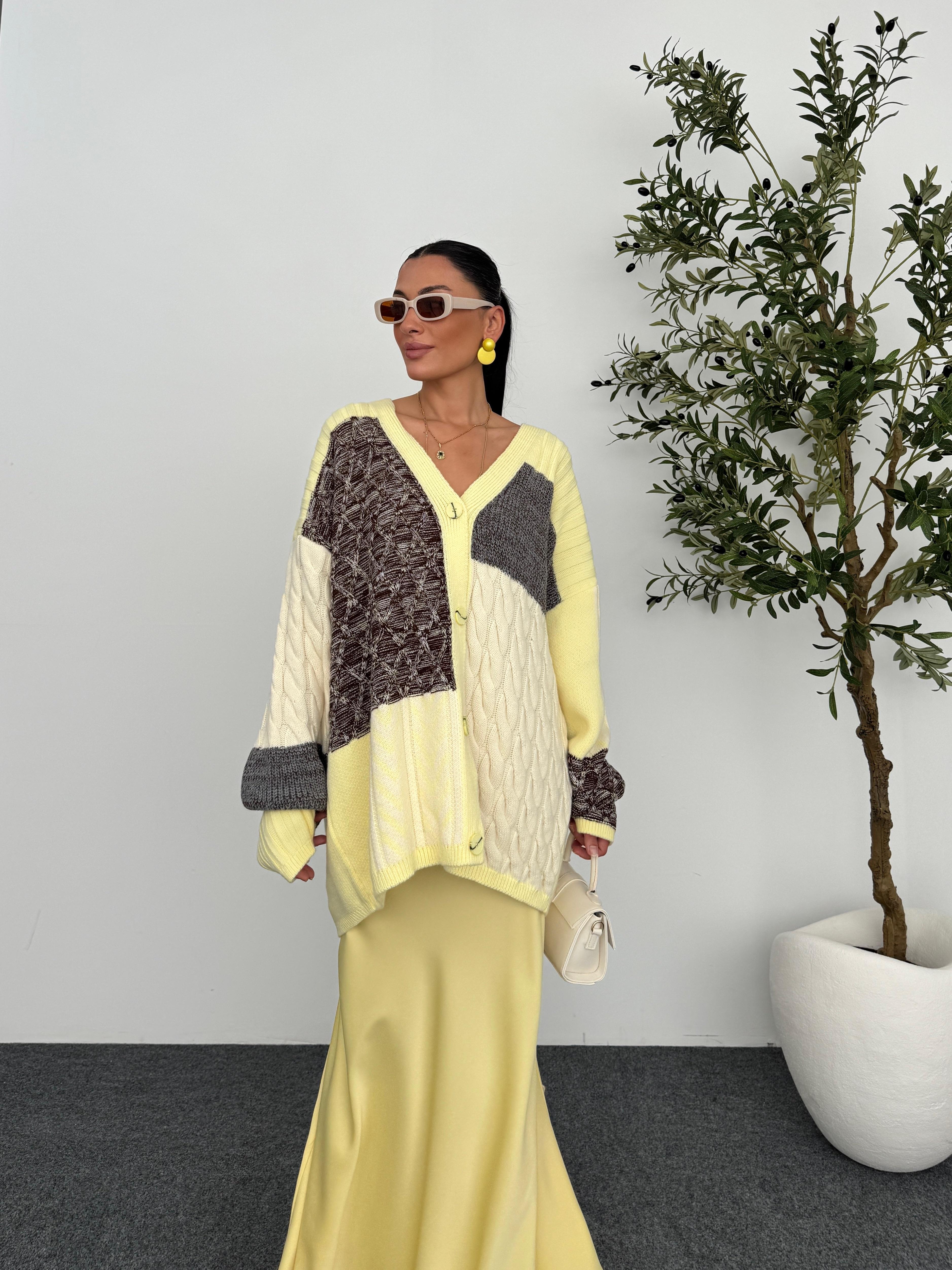 Etnik Desen Oversize Hırka  - Sarı