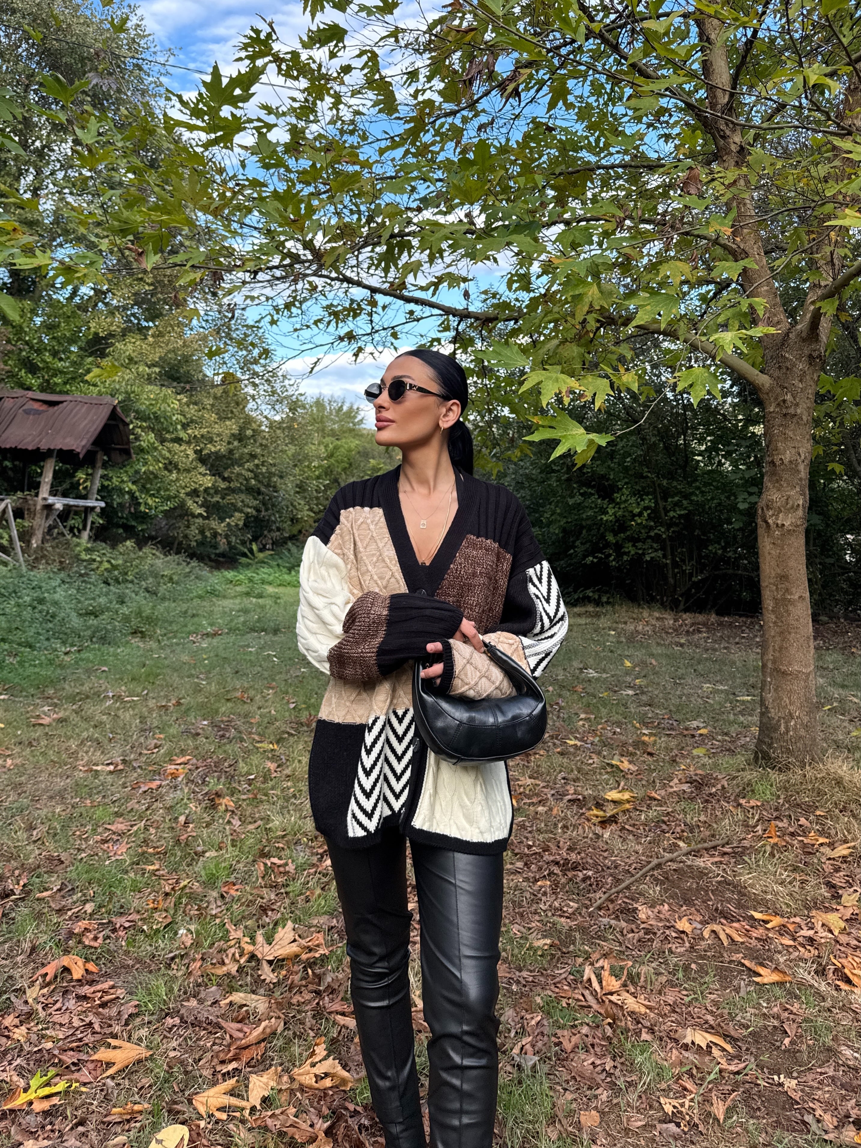 Etnik Desen Oversize Hırka - Kahve