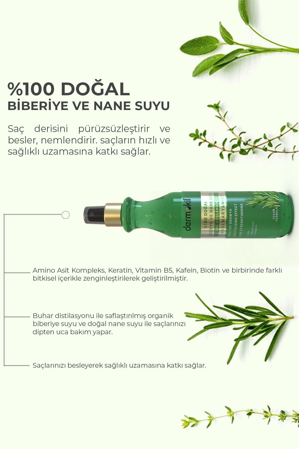 Biberiye Suyu %100 Doğal Saç Güçlendirici Sprey 250 ml