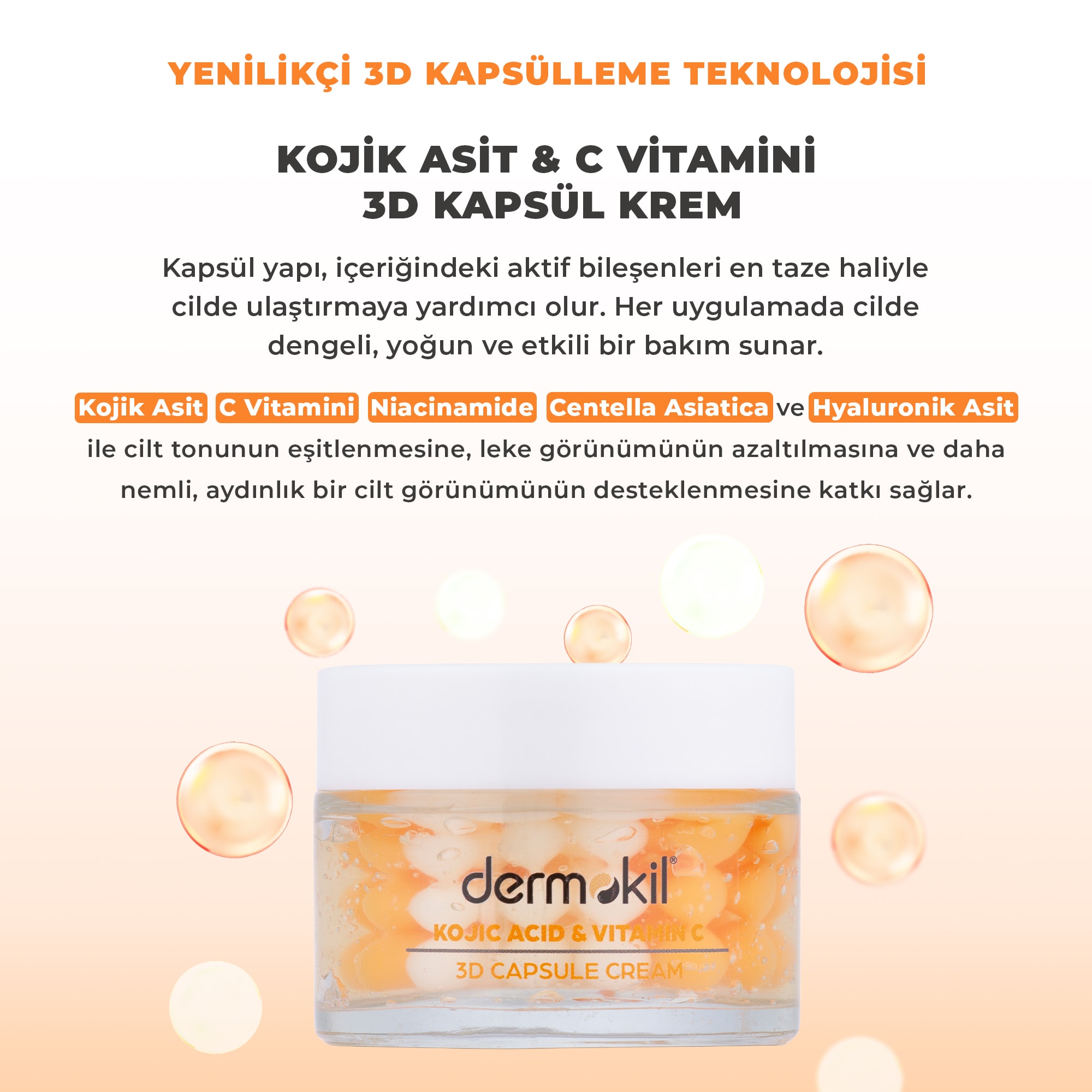 Kojik Asit C Vitamini Leke Karşıtı Canlandırıcı 3D Kapsül Krem 50 ml
