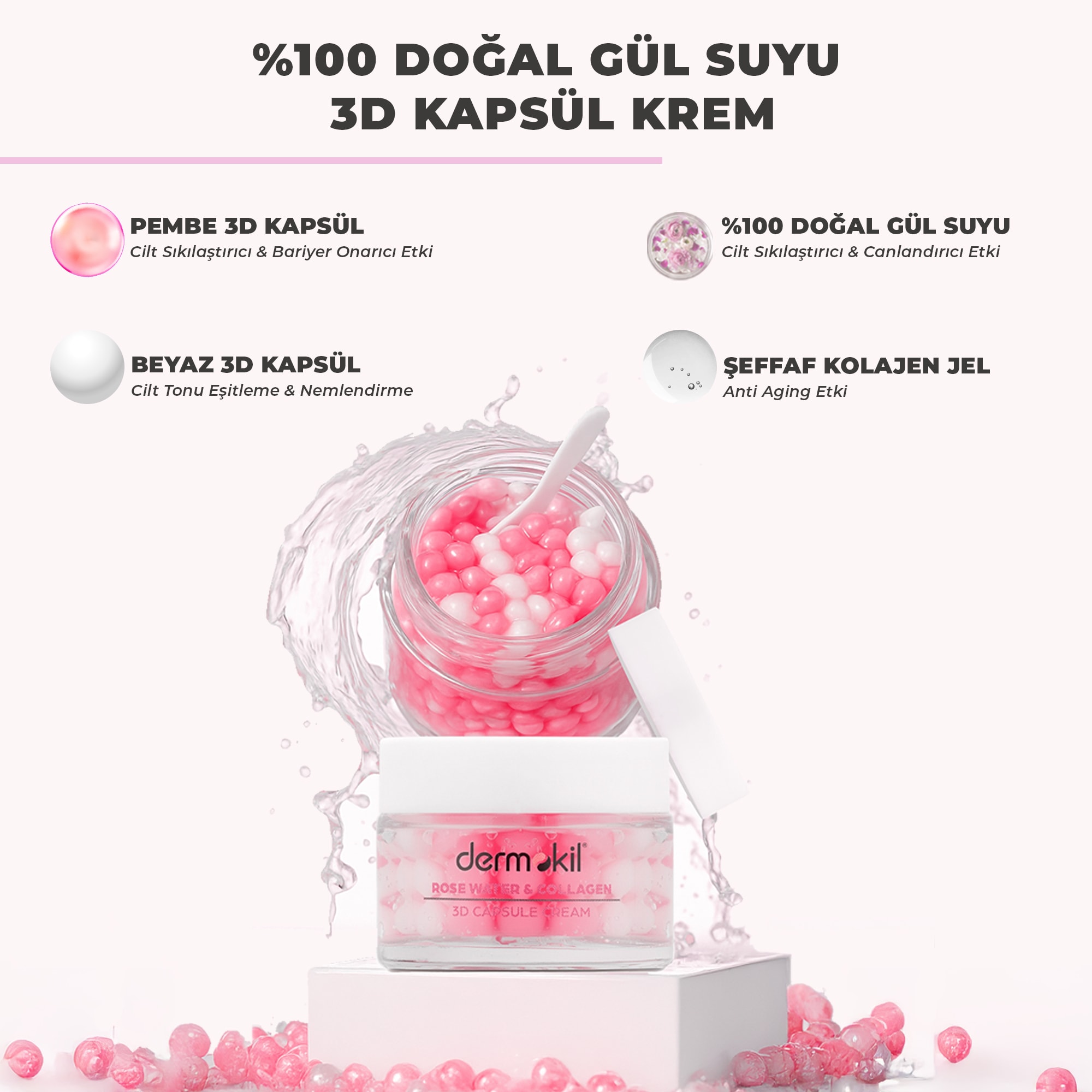 % 100 Doğal Gül Suyu Canlandırıcı Yenileyici 3D Kapsül Krem 50 ml