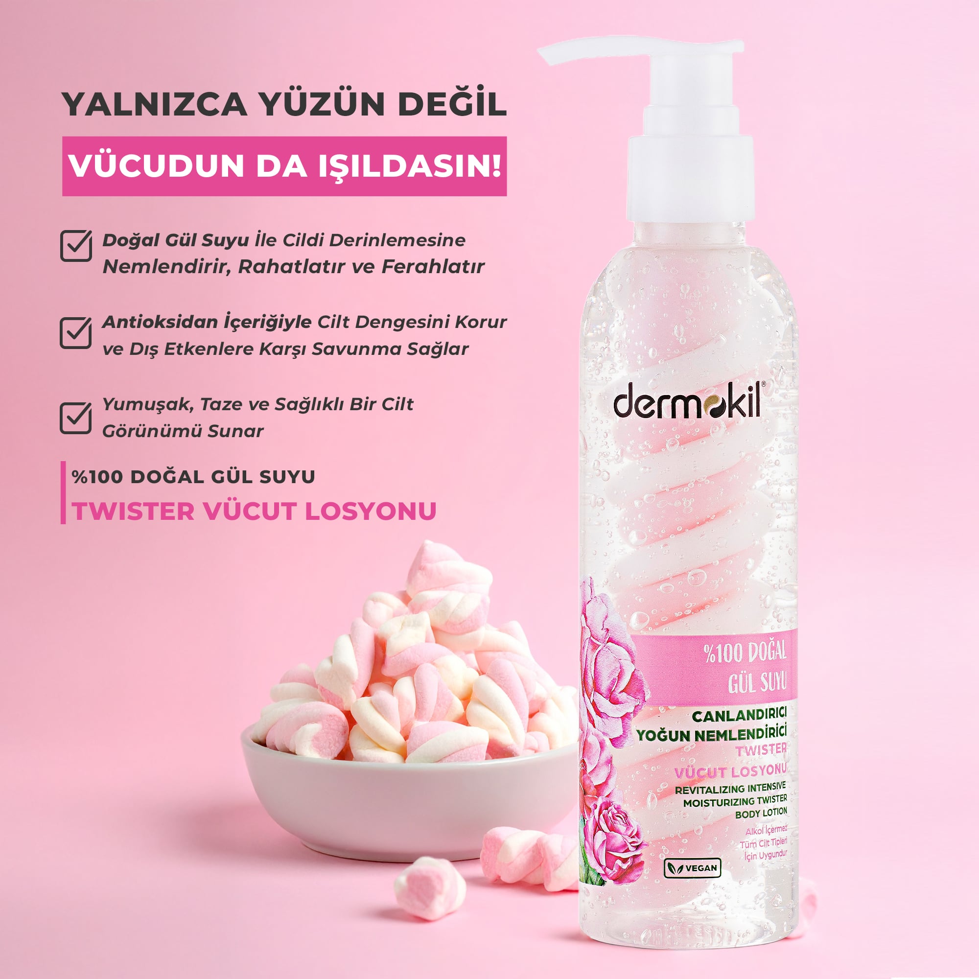 %100 Doğal Gül Suyu Canlandırıcı Yoğun Nemlendirici Twister Vücut Losyonu 200 ml
