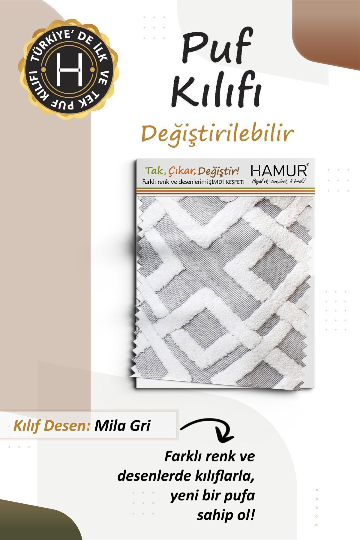 Yıkanabilir Puf Tabure Kılıfı Tak-Çıkar-Değiştir-Yenile Orta Sehpa Kılıfı By Mila Gri