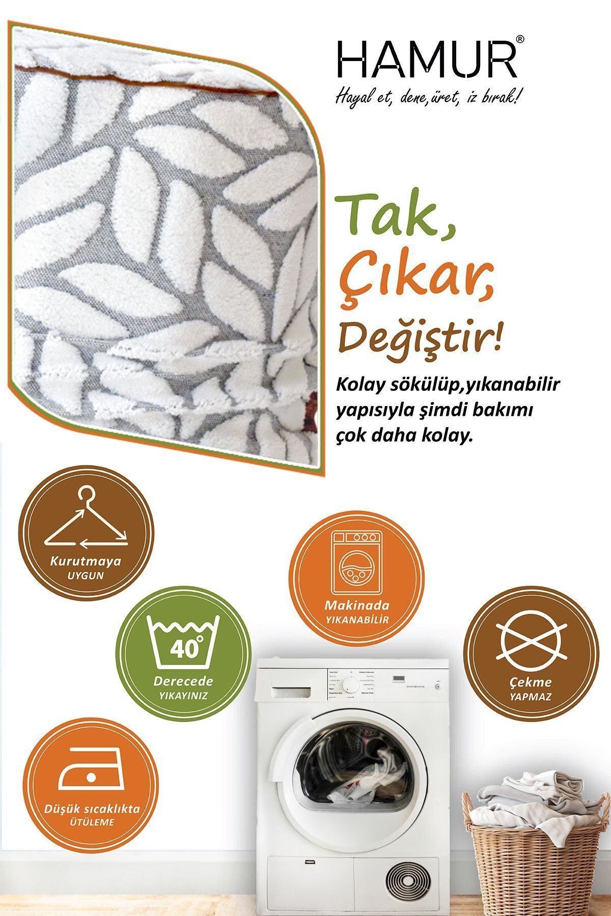 Yıkanabilir Puf Tabure Kılıfı Tak-Çıkar-Değiştir-Yenile Orta Sehpa Kılıfı By Lotus Gri