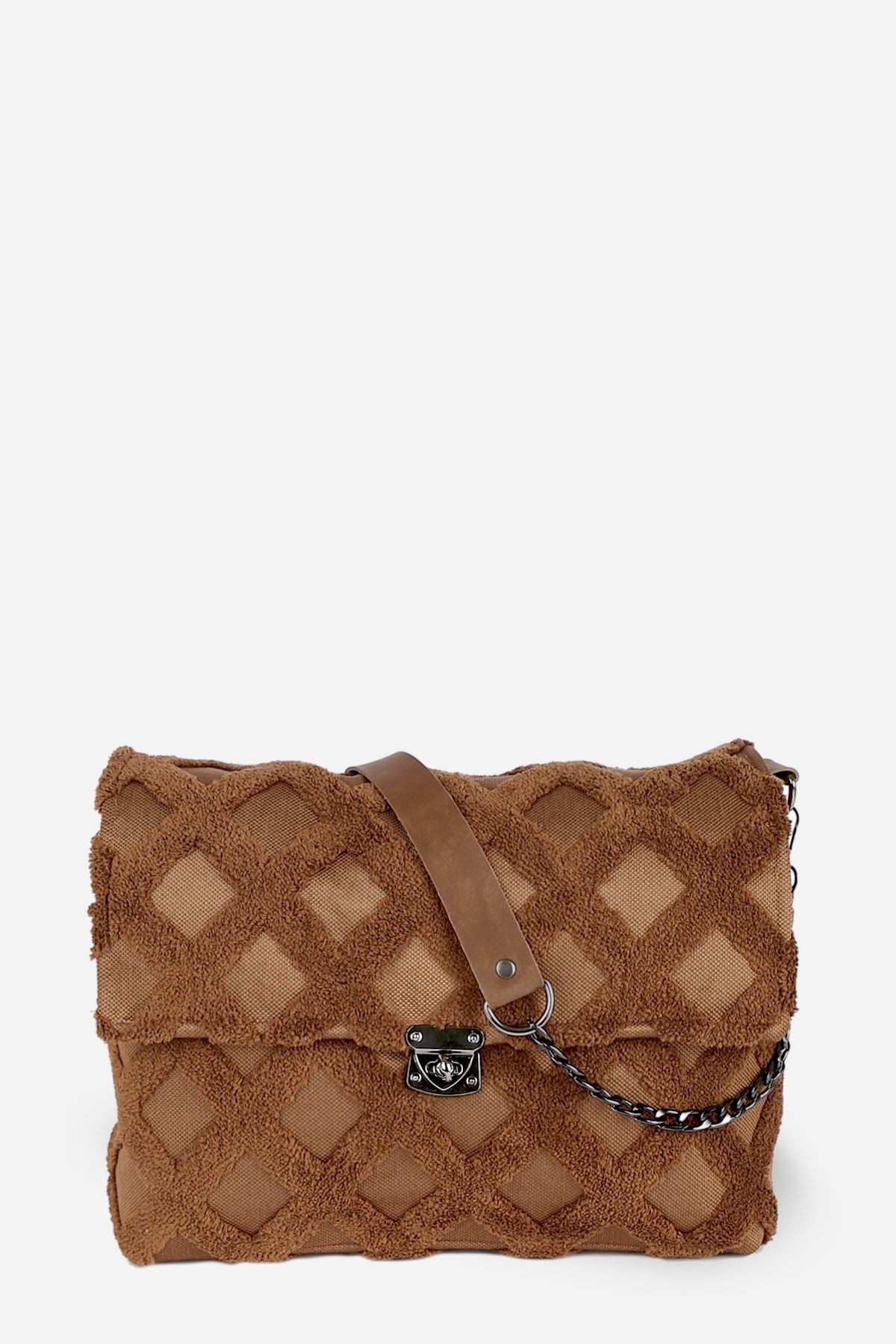 Kadın Kumaş El Ve Omuz Çantası Tweed Taba Kürklü Peluş Örme Çapraz Askılı Çanta