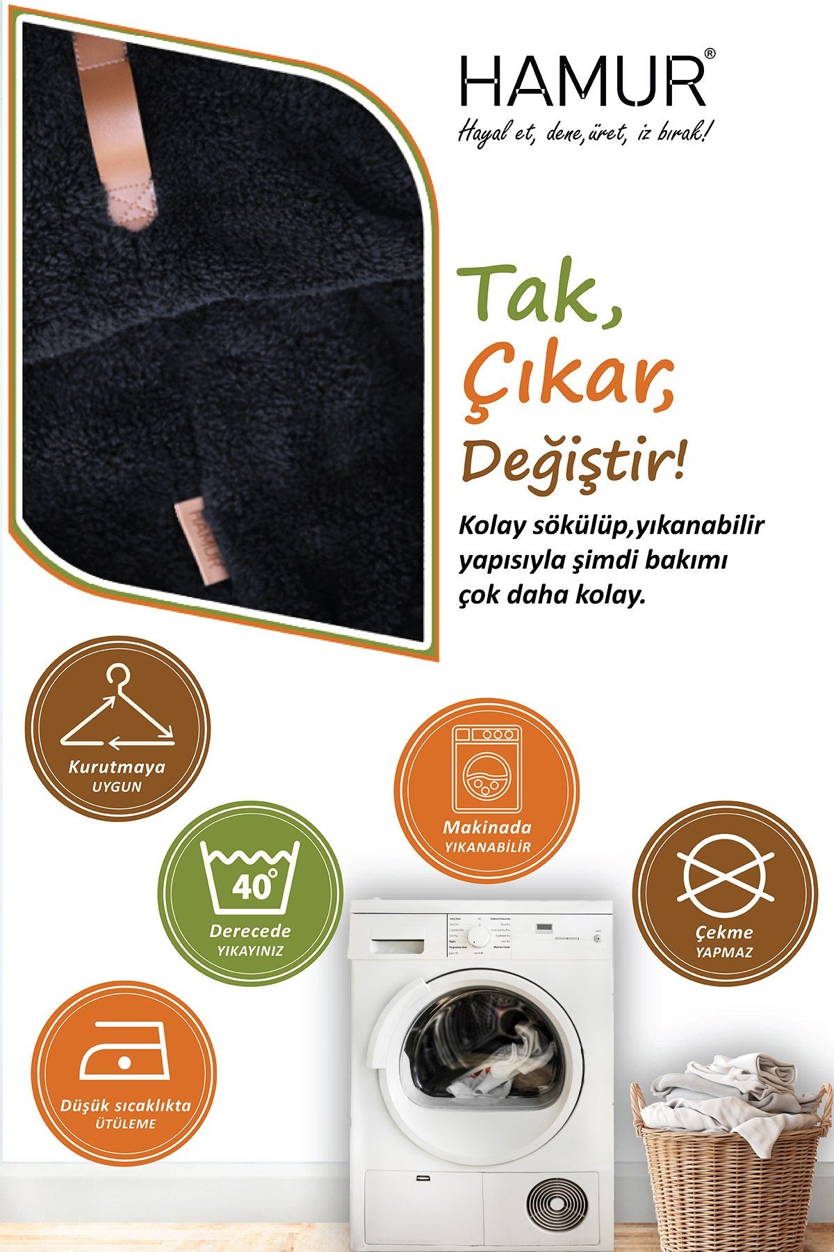 Yıkanabilir Puf Tabure Kılıfı Tak-Çıkar-Değiştir-Yenile Orta Sehpa Kılıfı Kc Teddy Siyah