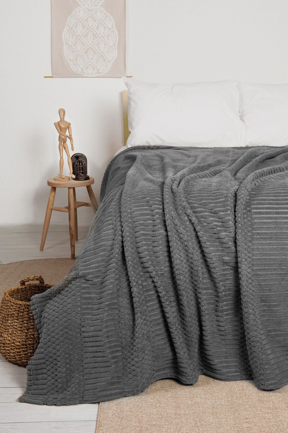Shelly Tek Kişilik Jakarlı Örme Battaniye Koyu Gri