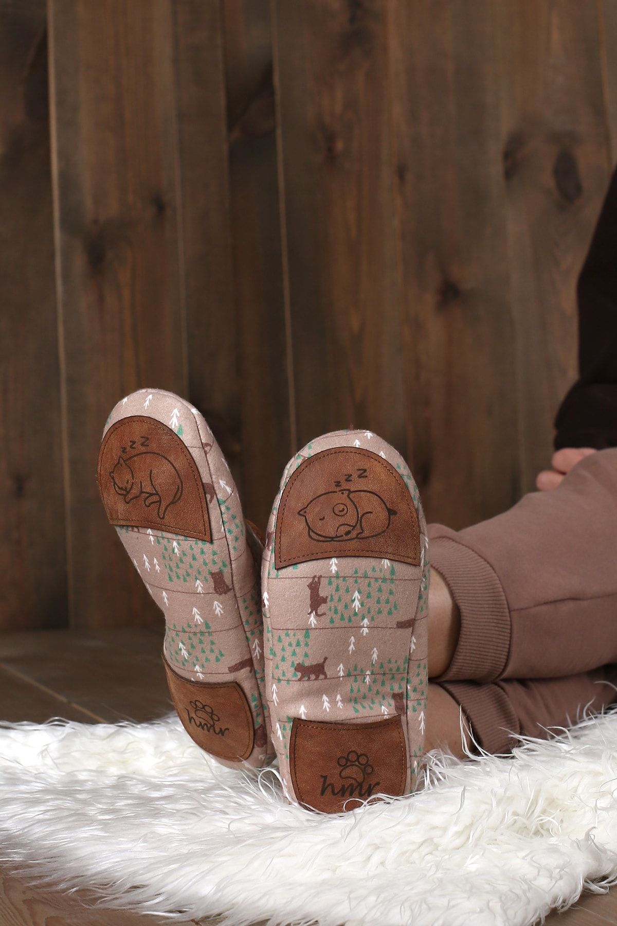 Kışlık Kaymaz Deri Taban Ev Patiği Ptk-kw Sütlü Kahve Baskılı 38-40