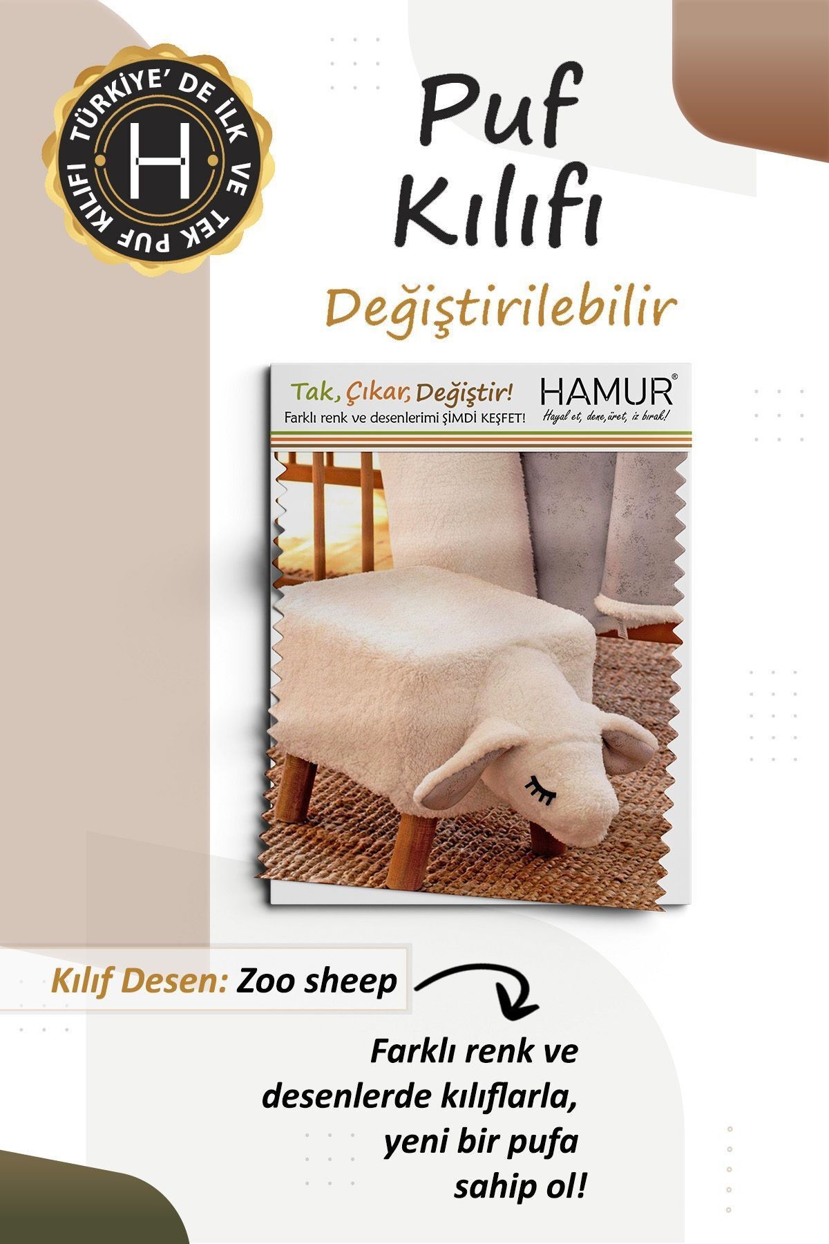 Yıkanabilir Puf Tabure Kılıfı Tak-Çıkar-Değiştir-Yenile Orta Sehpa Kılıfı Bb Fluffy Zoo Sheep