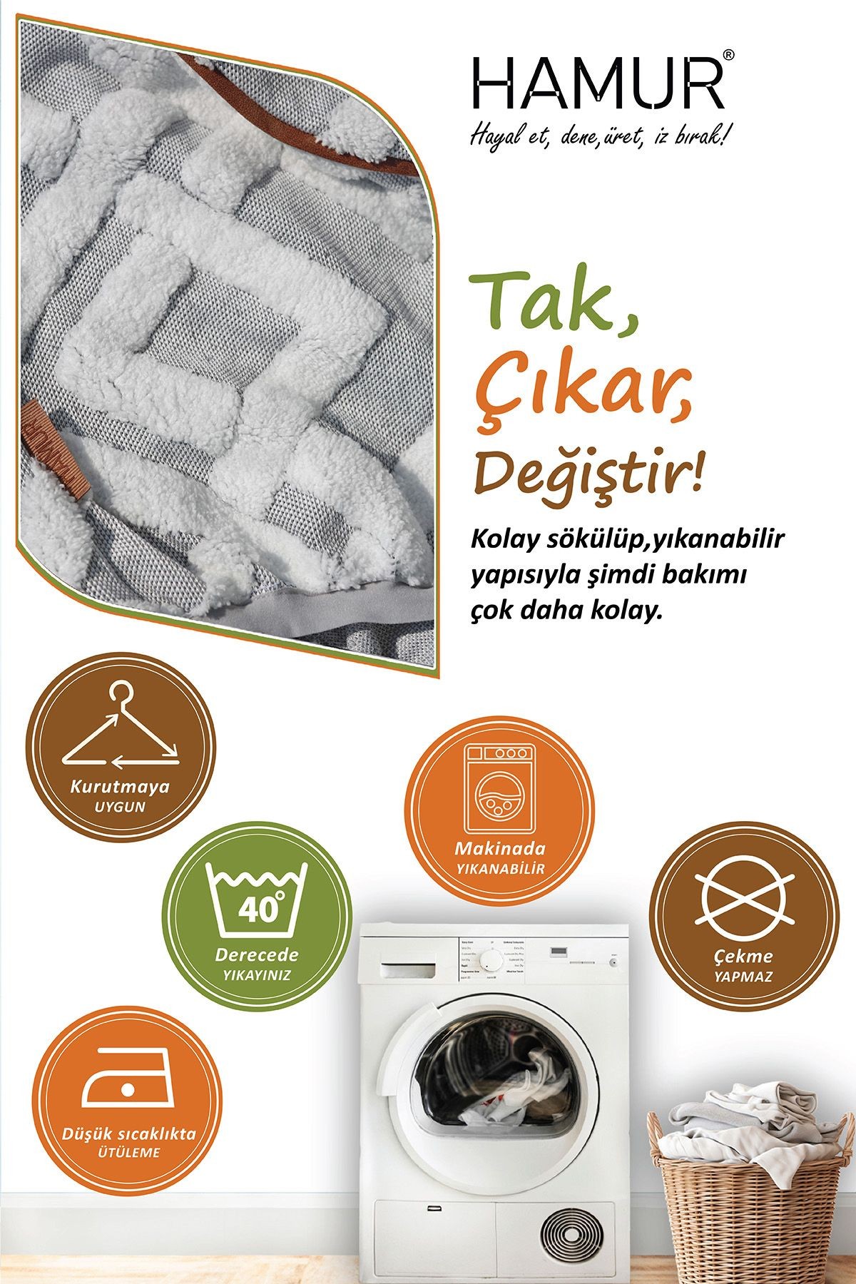 Yıkanabilir Puf Tabure Kılıfı Tak-Çıkar-Değiştir-Yenile Orta Sehpa Kılıfı By Mila Gri