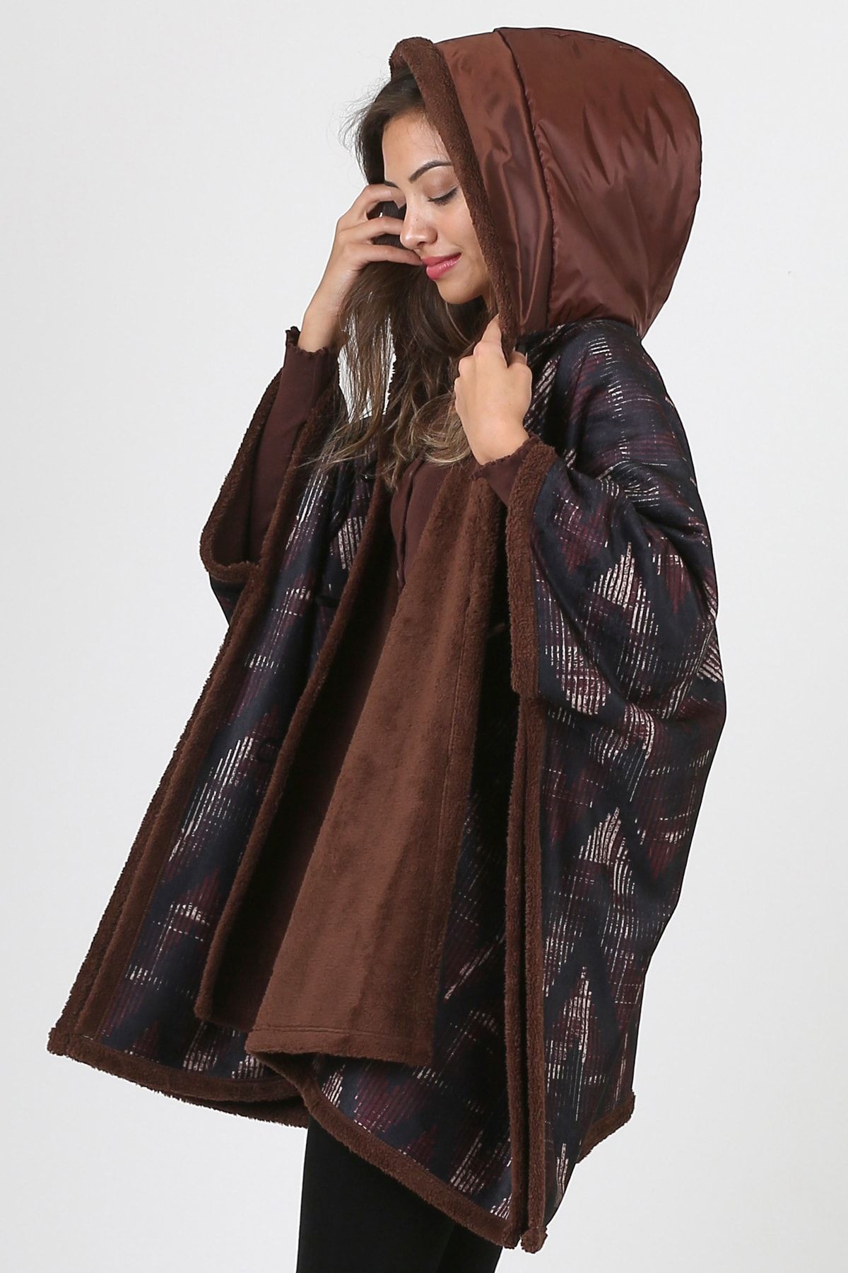Kapşonlu Oversize Düğmeli Içi Kahverengi Peluş Kadife Mont Zigzag Kk-802