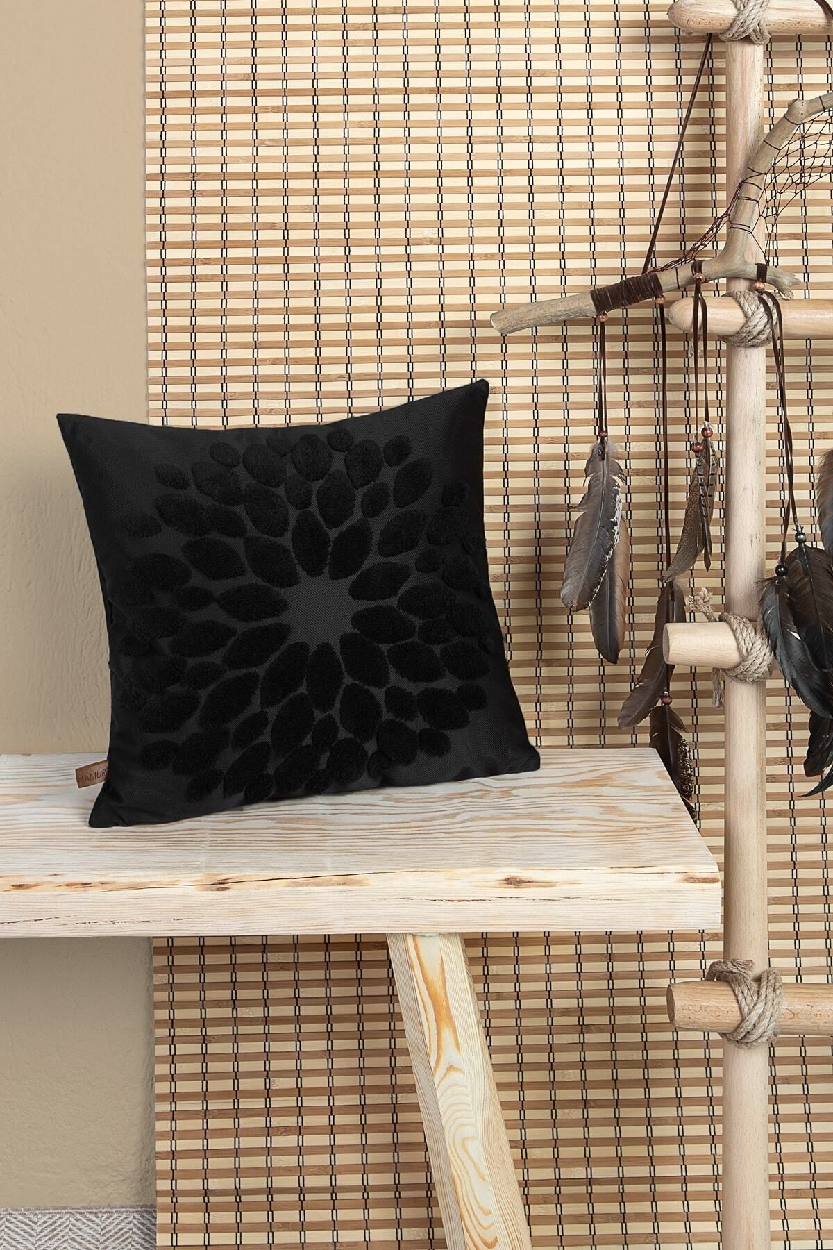 Bohem Özel Tasarım Punch Panç Desen Kare Dekoratif Kırlent Kılıfı Flower Siyah 43x43 cm