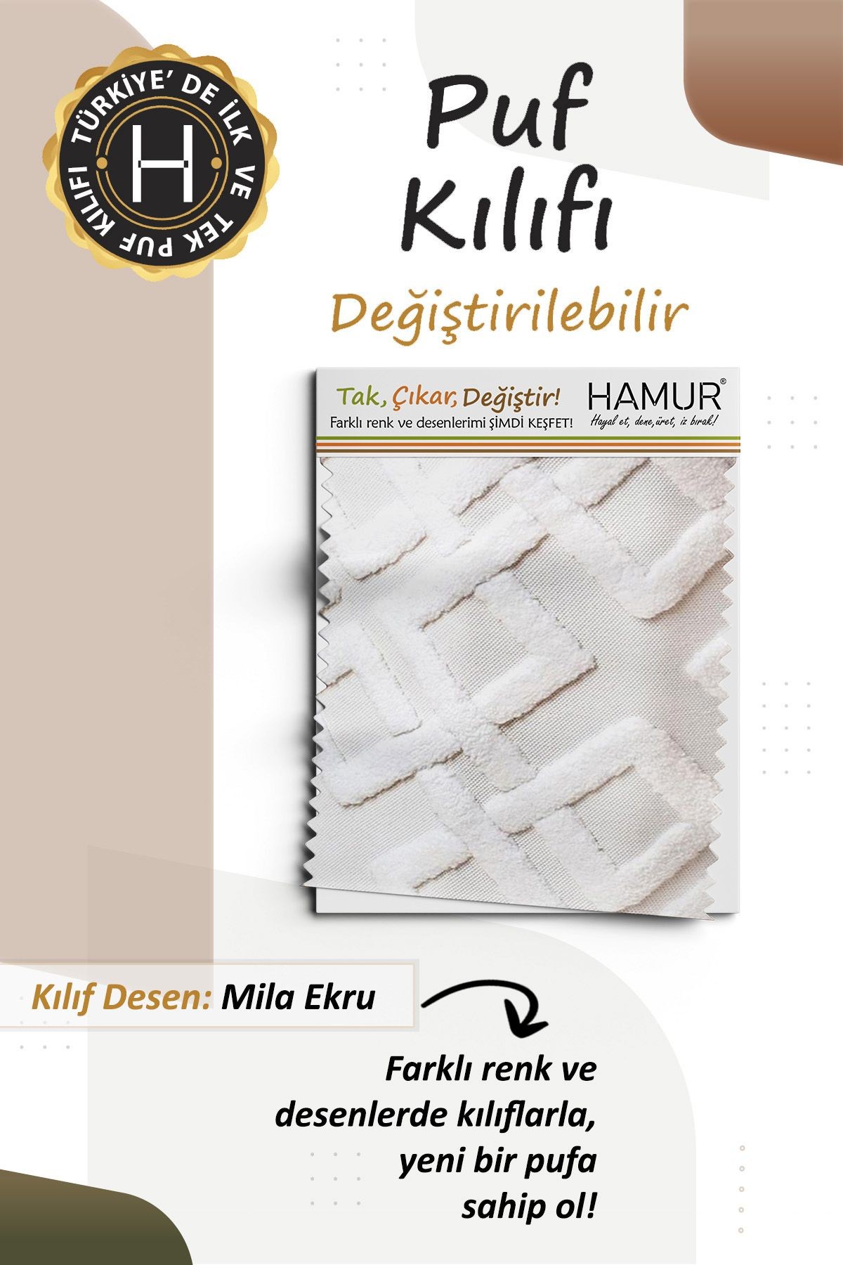 Yıkanabilir Puf Tabure Kılıfı Tak-Çıkar-Değiştir-Yenile Orta Sehpa Kılıfı By Mila Ekru