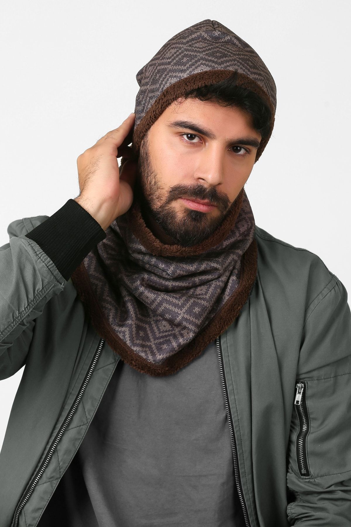 Kahverengi Erkek Bere Ve Boyunluk 2li Set Takım Bb-103