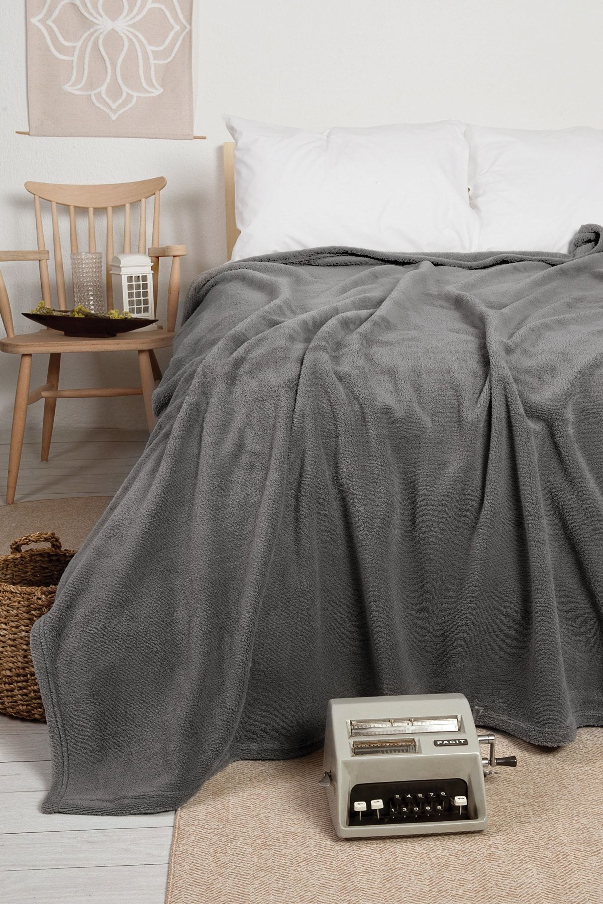Touch Tek Kişilik Jakarlı Örme Battaniye Koyu Gri