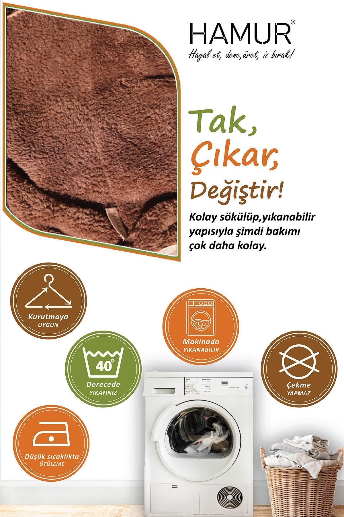Yıkanabilir Puf Tabure Kılıfı Tak-Çıkar-Değiştir-Yenile Orta Sehpa Kılıfı Bb Teddy Kahve