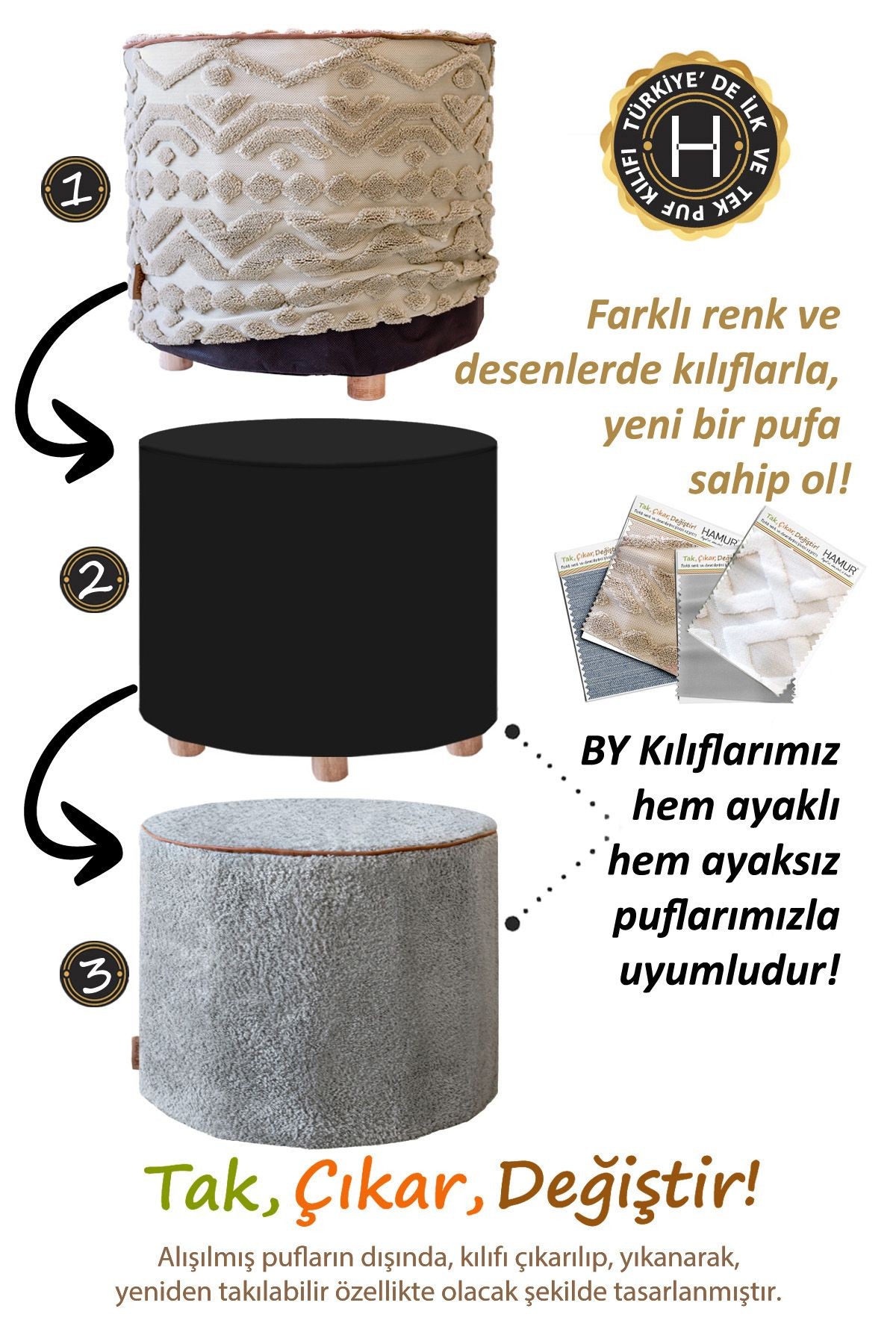 Yıkanabilir Puf Tabure Kılıfı Tak-Çıkar-Değiştir-Yenile Orta Sehpa Kılıfı By Mila Bej
