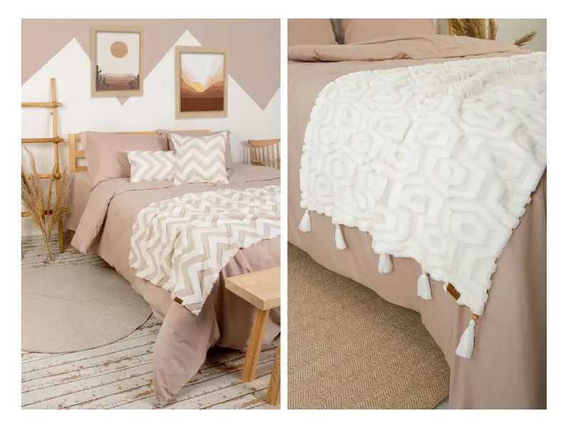 80×230 cm yatak runner ile 43×43 cm ve 28×50 cm dekoratif kırlentlerden oluşan HAMUR yatak seti