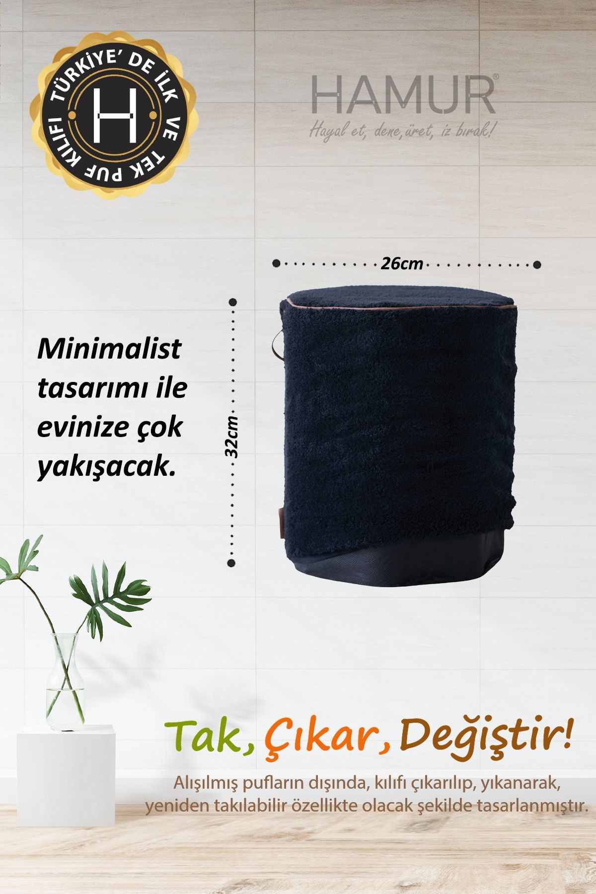 Yıkanabilir Puf Tabure Kılıfı Tak-Çıkar-Değiştir-Yenile Orta Sehpa Kılıfı Kc Teddy Siyah
